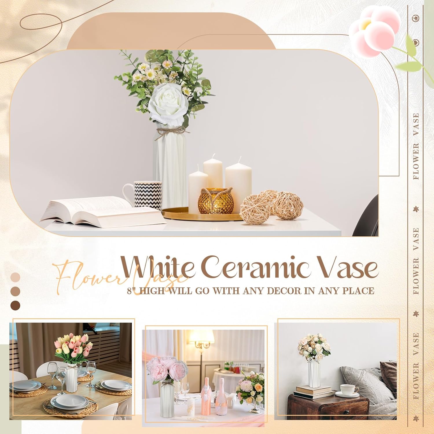 FoldTier 4 Pack White Bud Vases Ceramic for Centerpieces 8.27 Inch White Vase for Flowers with Rope for Wedding Party Dining Table Home Bedroom Kitchen Office Decoration