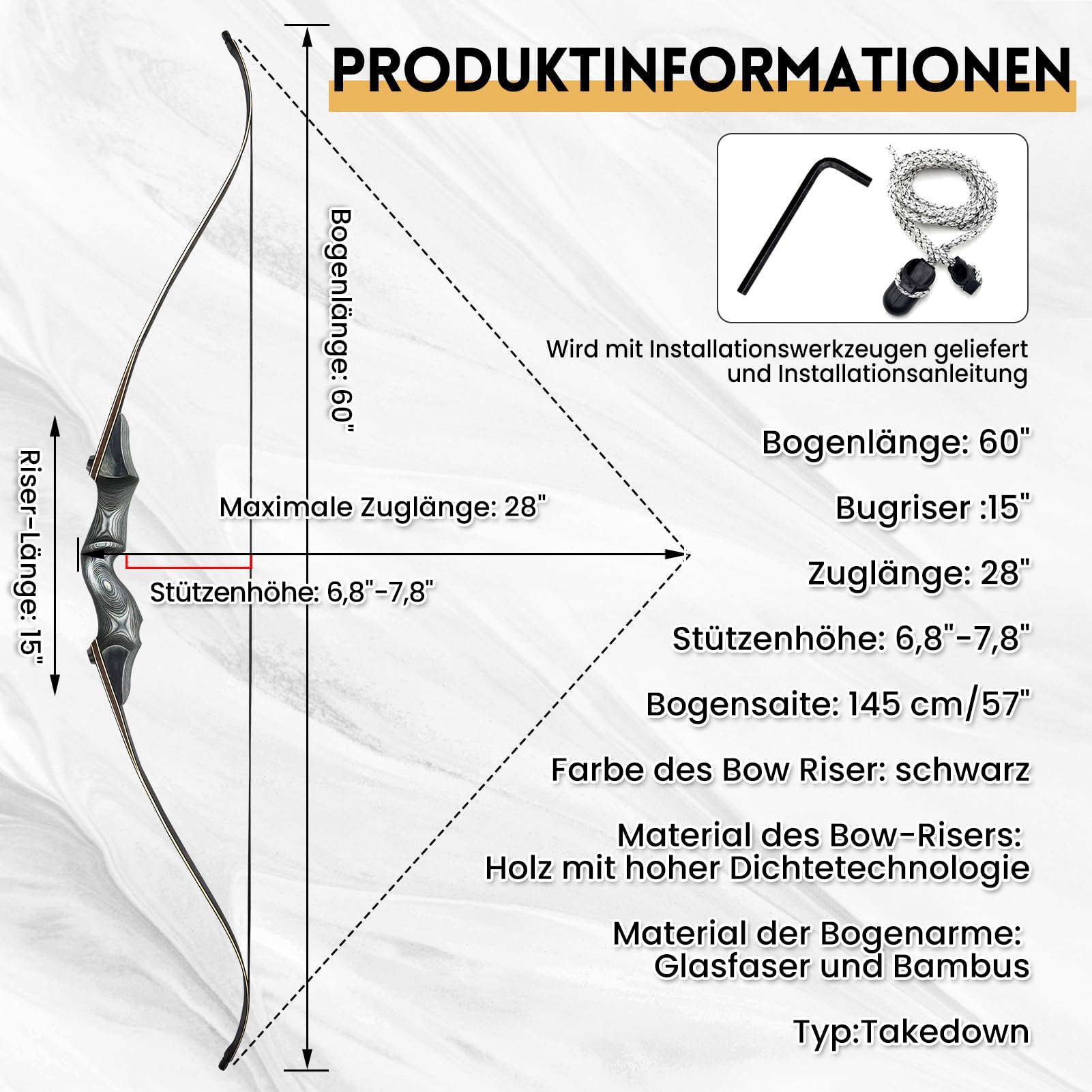 Obert Black Hunter 60 Zoll Profi Bogenschießen Takedown Recurvebogen Set 20-60lbs Rechtshand Holzbogengriff Jagdbogen für Erwachsene Sportbogen