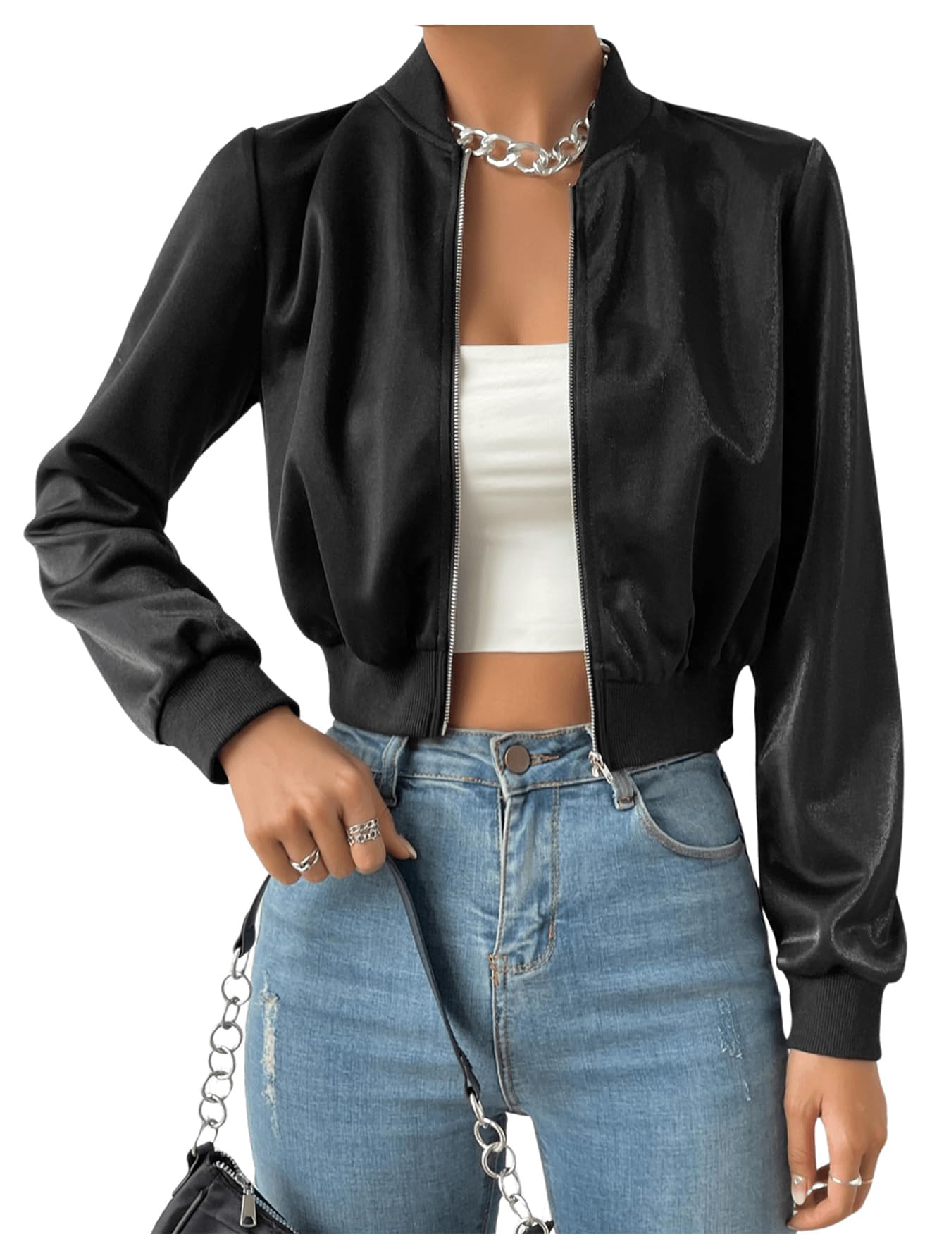 Milumia Women's Casual Long Sleeve Zip Up Crop Bomber Jacket Casual Outerwear