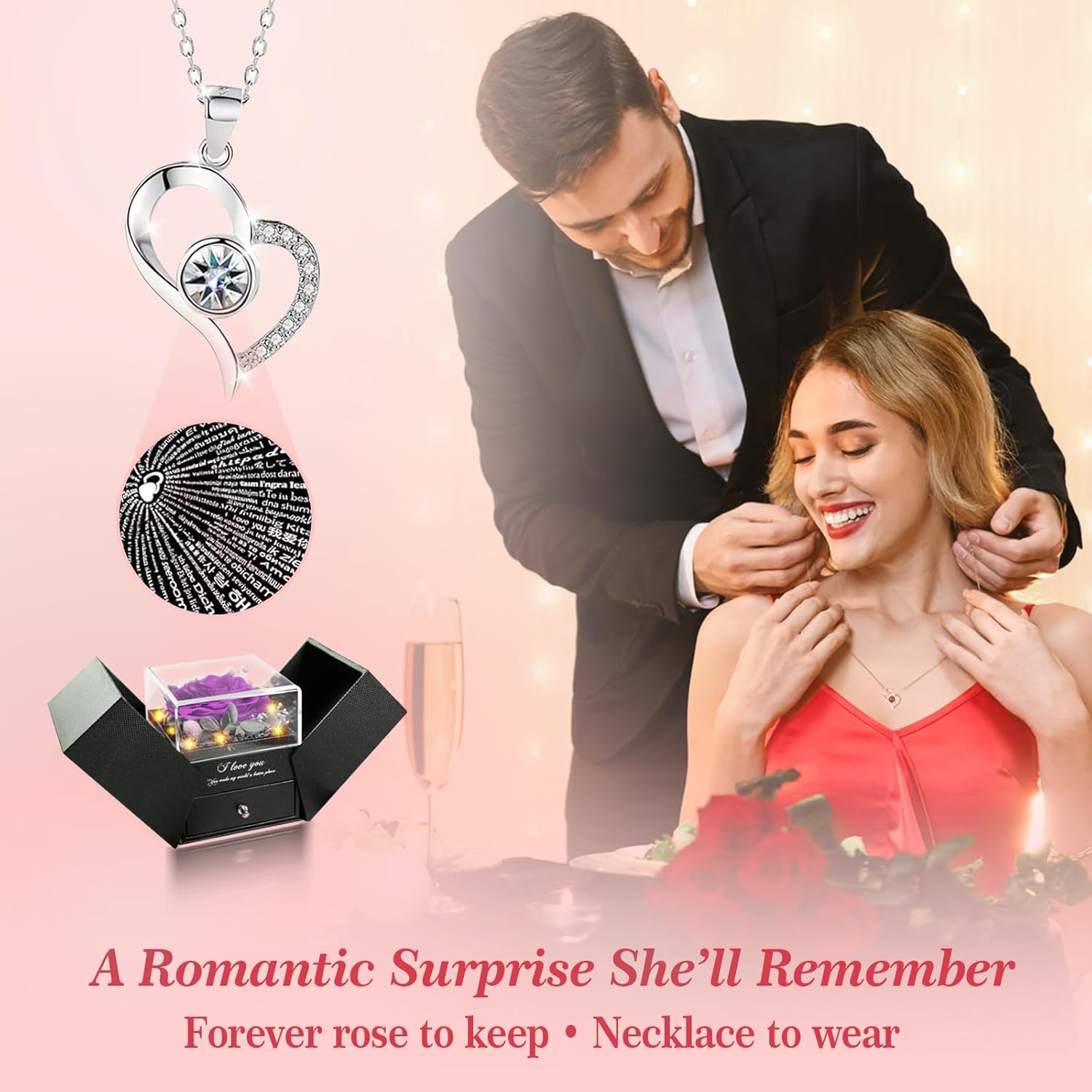 Valentines Day Gifts for Her Women Girlfriend Wife Fiancée - Preserved Real Rose with Heart Necklace “I Love You” in 100 Languages, Valentine's Forever Flowers - Image 5