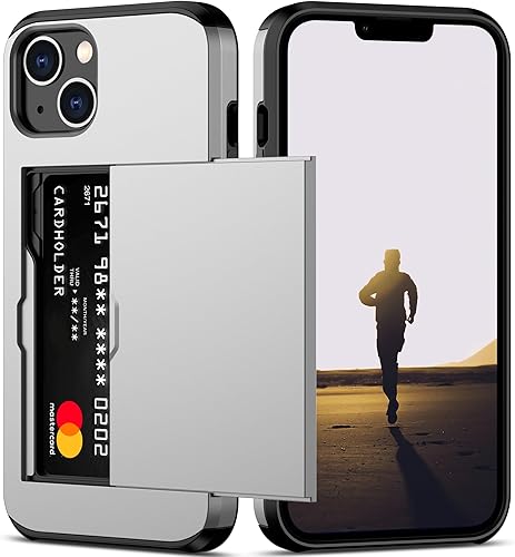 Nvollnoe Funda para iPhone 13 con tarjetero resistente de doble capa protectora a prueba de golpes con ranura para tarjeta oculta delgada para