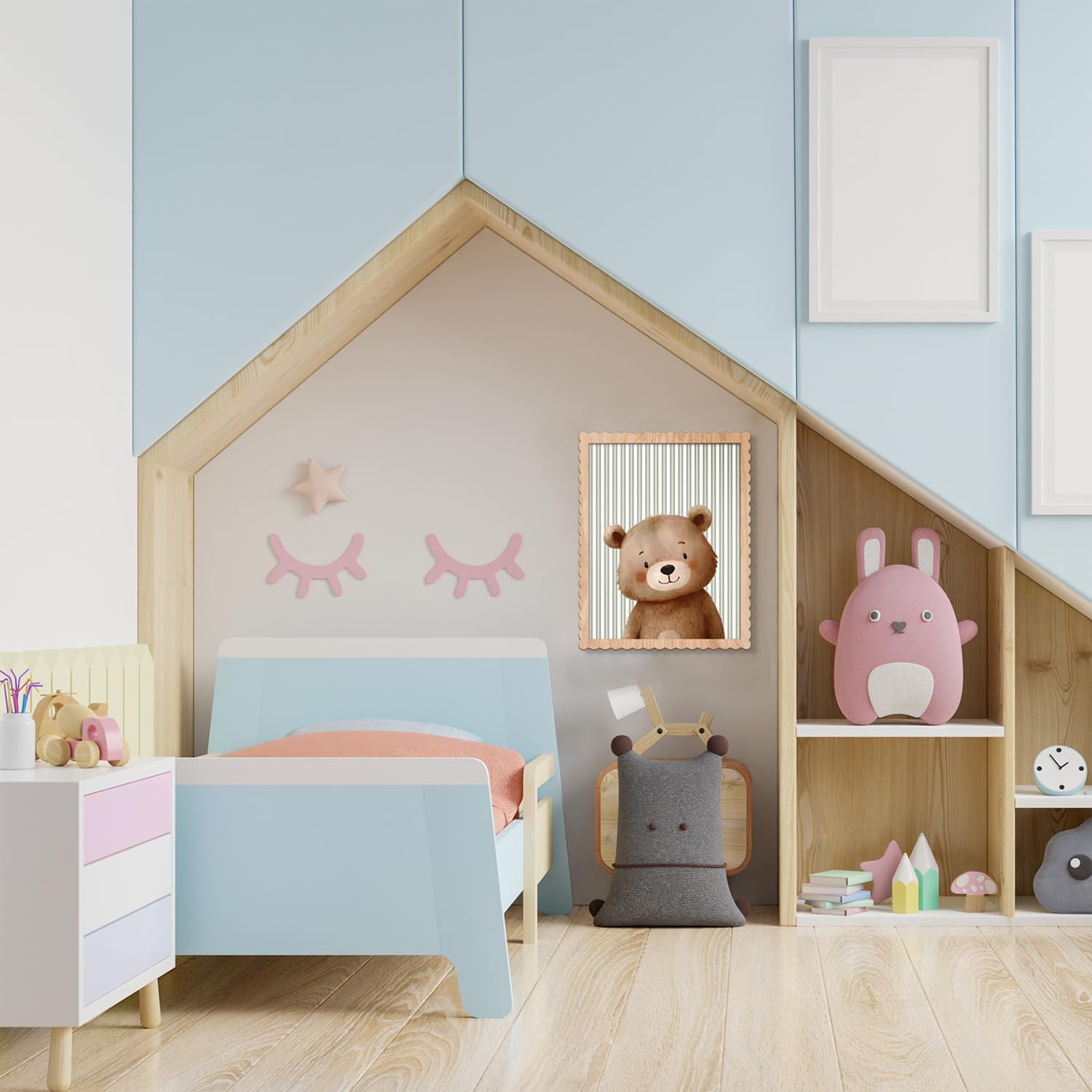 Woodland Nursery Wall Art Decor, Set of 3 Wood Framed Animal Wall Prints Artwork Cute Rabbit Deer Bear Wooden Wall Decoration for Baby Girl Boy Kids Nursery Toddler Room Bedroom Playroom