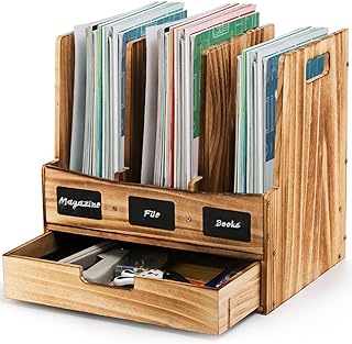 Eorbow Wooden Desk File Organizer, Desktop Document Folder Holder with 3 Compartments and 1 Drawer, Desk Organizer Binder Rack with Chalkboard Label, Magazine Storage Box Mail Sorter for Office Home