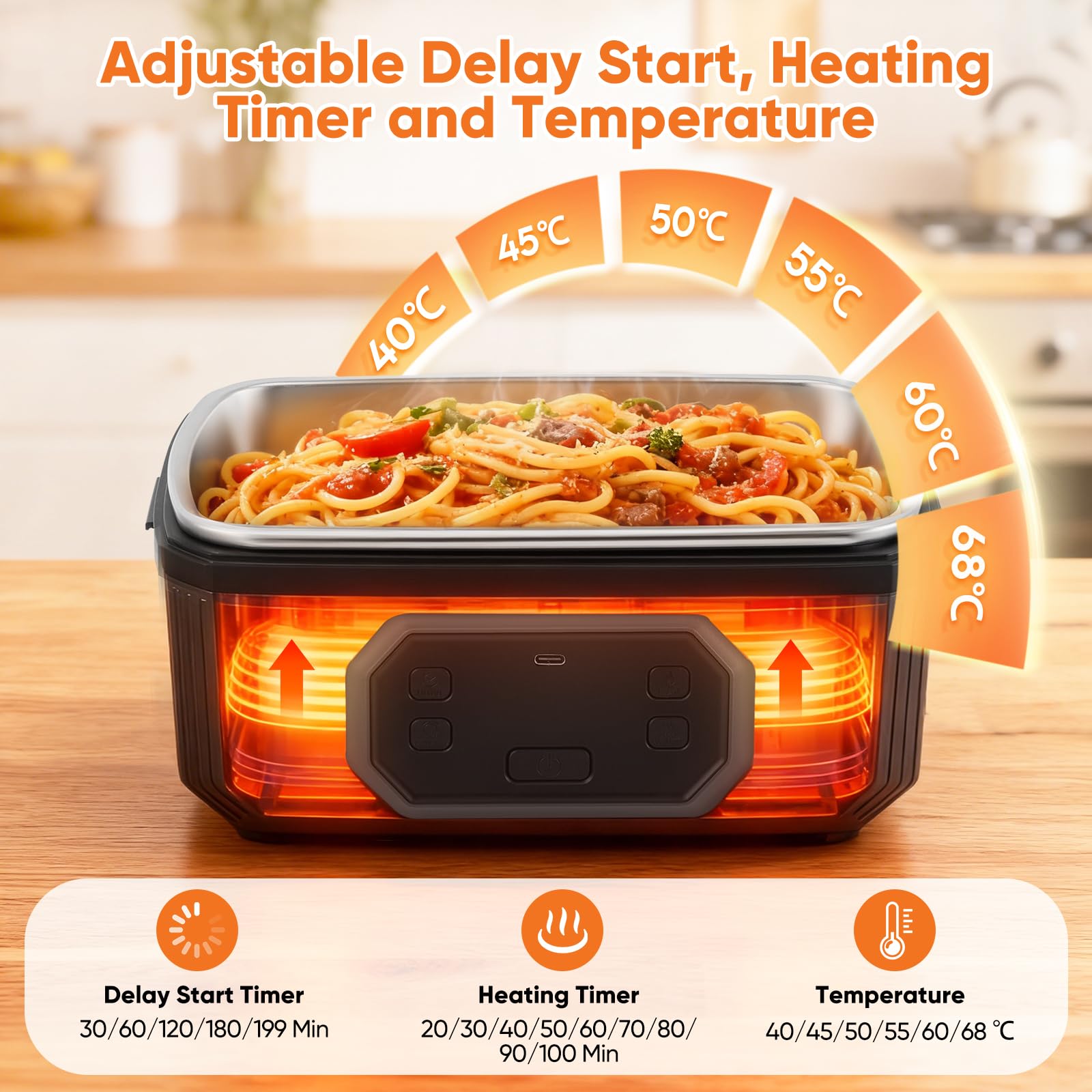 Fiambrera Eléctrica Sin Cables 1.3 L,Tupper Calentador para Comida,Recargable para Almuerzo Eléctrico con Batería 24000mAh, Para Coche Camión Oficina y Trabajo