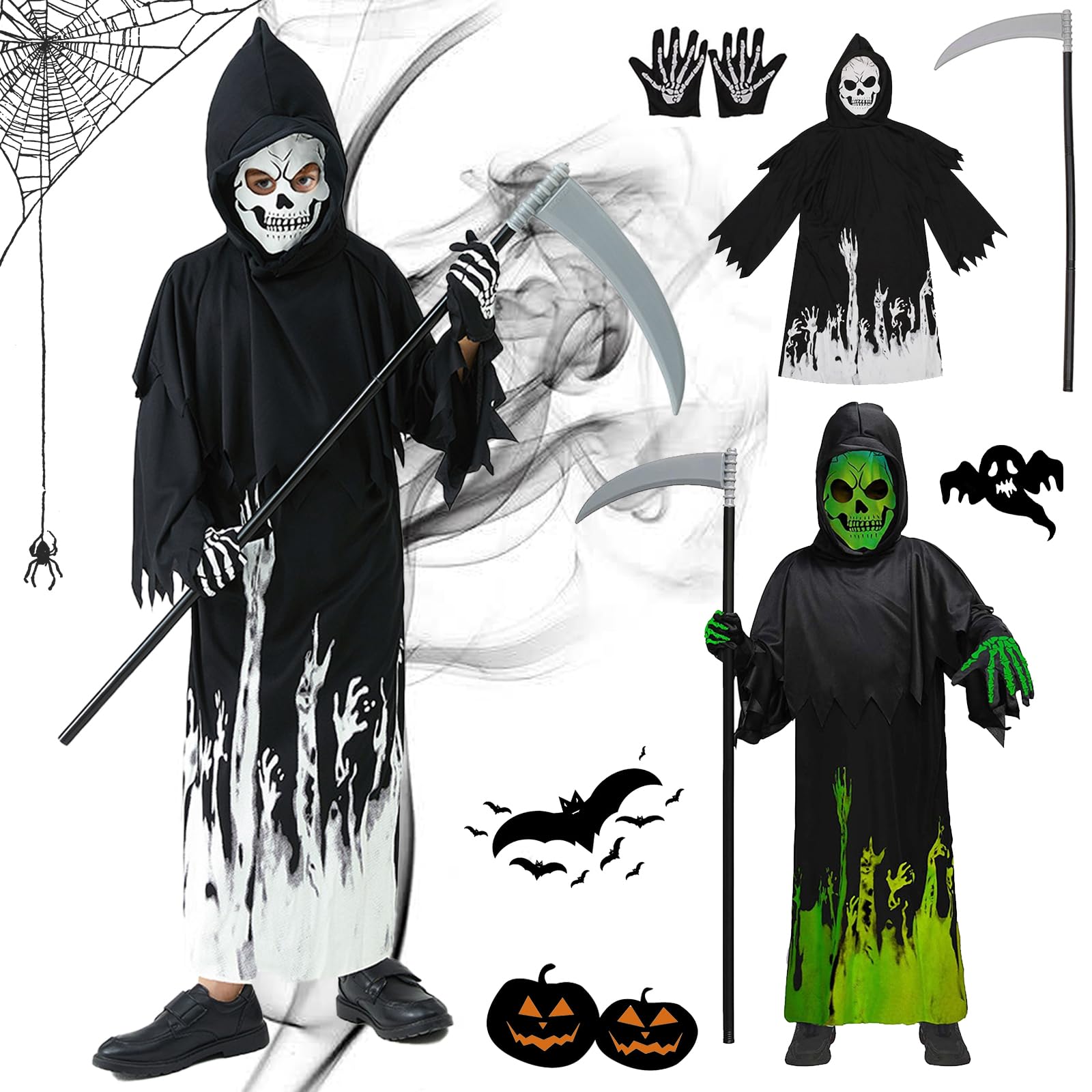 CLIUNT Costume da tristo mietitore, Costume da Triste Mietitore di Halloween, costume da morte con falci, occhiali lucenti, per cosplay, decorazione di Halloween, festa a tema carnevale, M (8-10 anni
