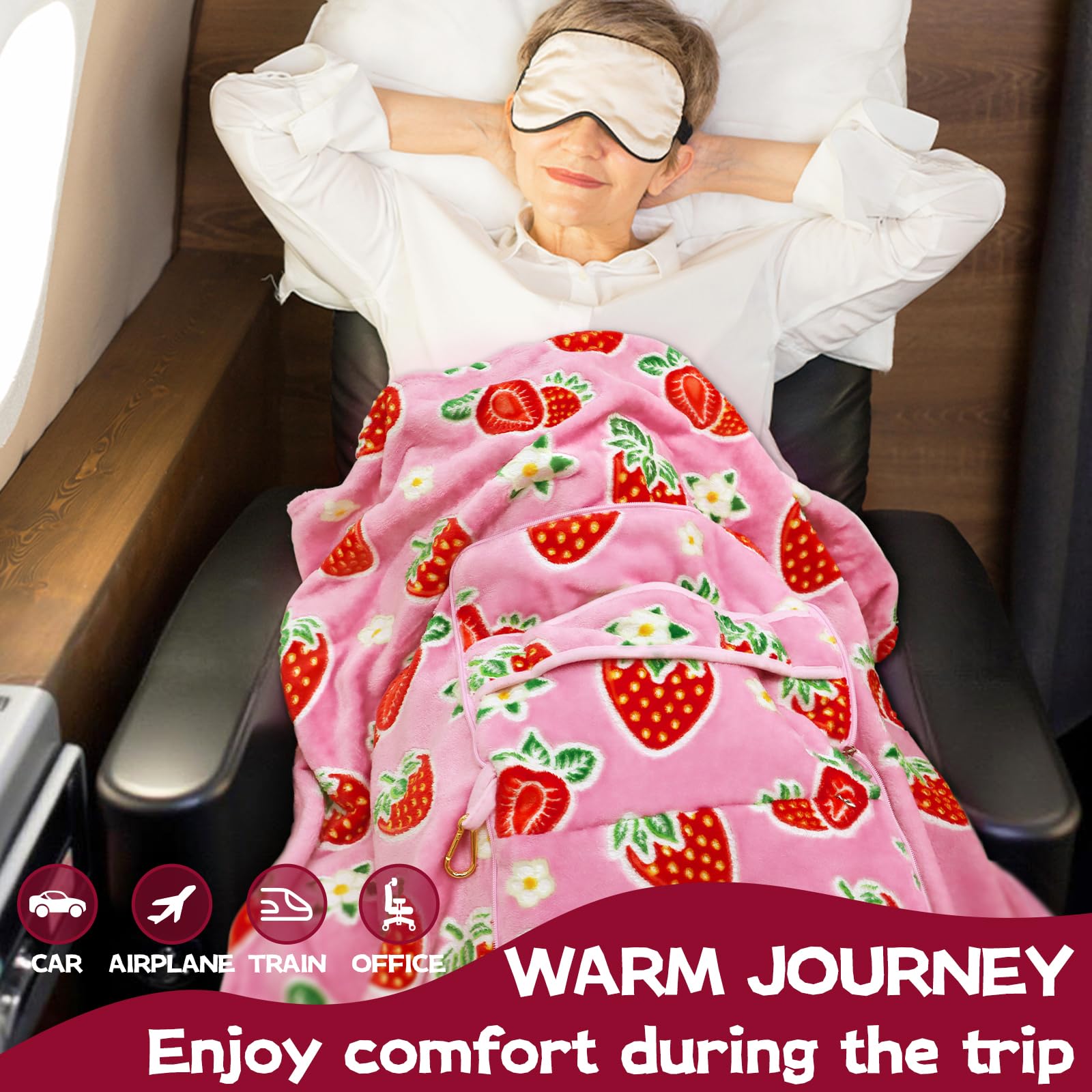 Juego de manta y almohada de fresa – Manta de viaje para niños que brilla en la oscuridad, compacta y suave, mullida, manta de vellón de frutas rosas para automóvil, avión, viajes, bonitos regalos de 7