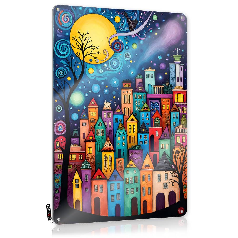 Fzfn Colour Whimsical Night: A Colorful Cityscape Under The Moonlight At Home Decor Highland Hanging | Classy Retro Wall Decor Sweet Vintage Metal Wall Decor(30X40cm)