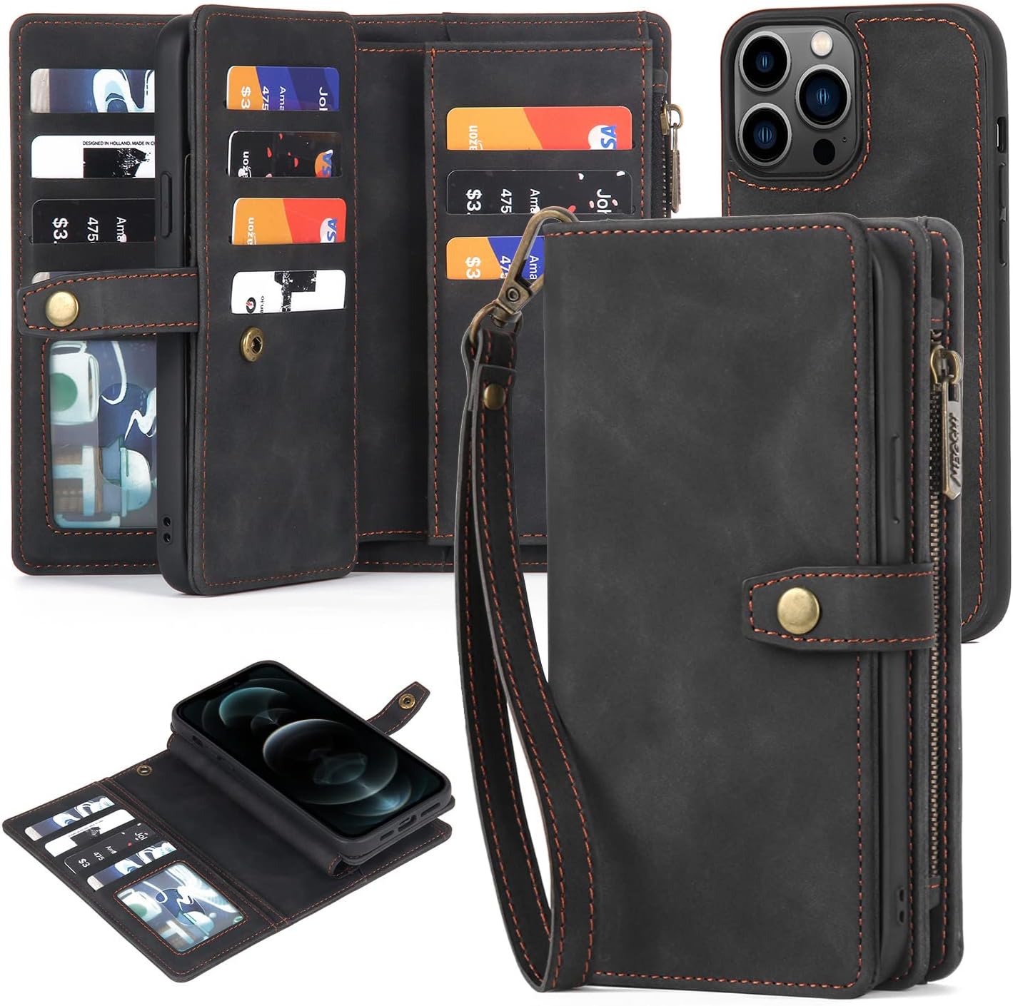 TwoHead for iPhone 12 Pro Max Wallet Case with Card Holder,Detachable Magnetic 12 Pro Max Phone Case, PU Leather Shockproof Protective Cover Wallet for Women/Men,6.7 in(Black)