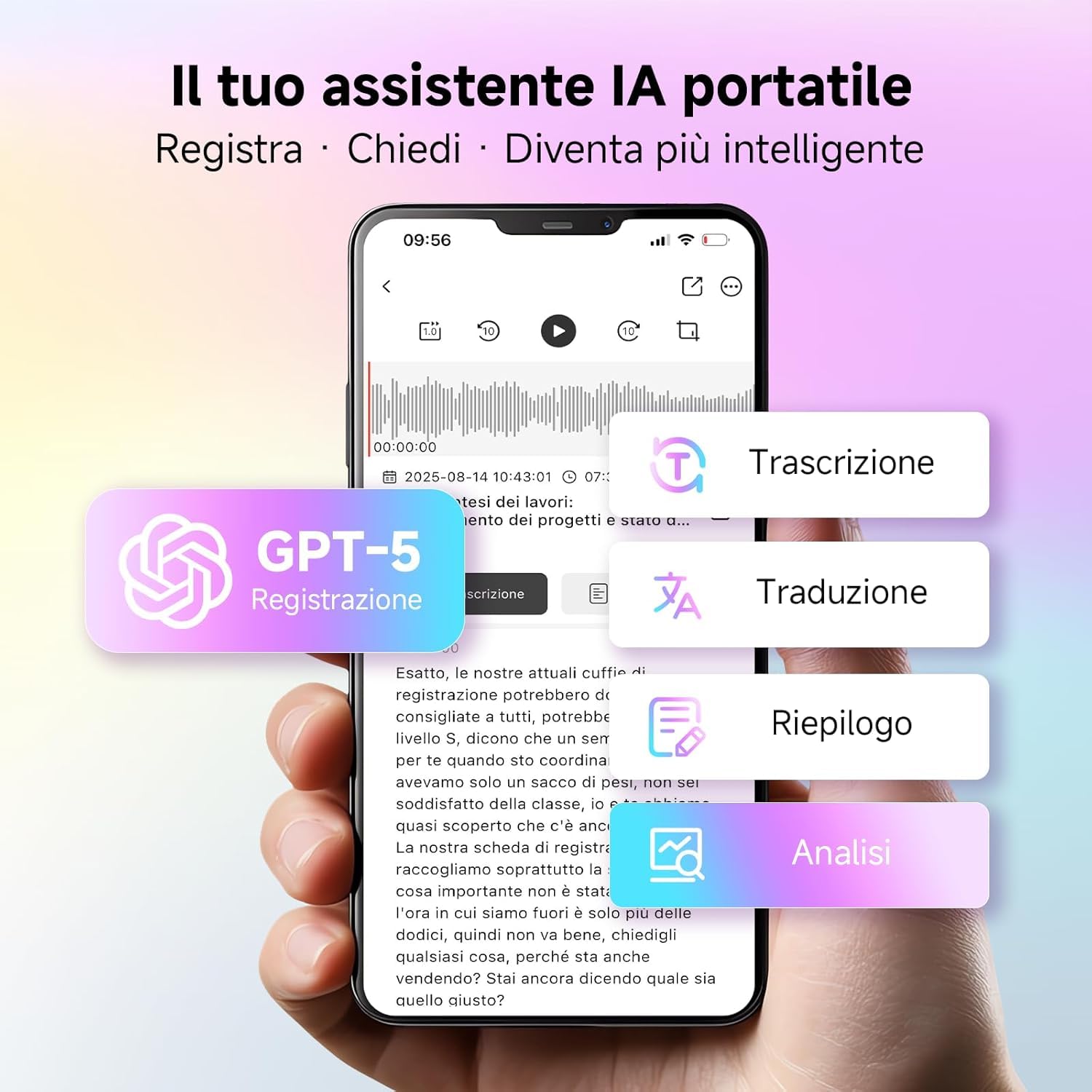 Registratore Vocale AI 64GB con Trascrizione e Riassunti con Custodia | Registratore Vocale Professionale per Chiamate/Riunioni/Lezioni/Interviste, Oltre 80+ Lingue, Controllo App, Cloud illimitato
