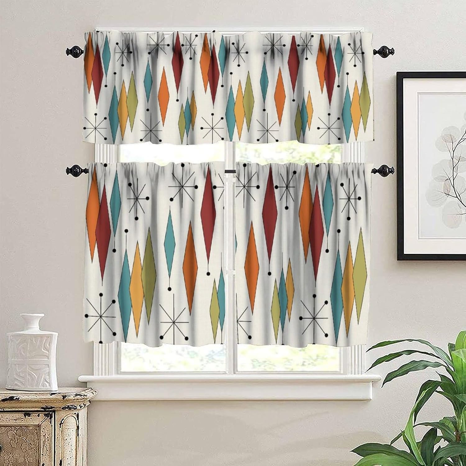 Abstract Geometric Modern Valance Curtains Mid Century Art Colorful Orange Blue Green Window Valance for Kitchen Bedroom Living Room, 54x24 Inch, 3 Piece