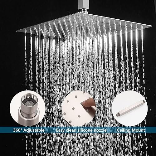 Miniatura 73 de Sistema de ducha de oro cepillado de 12 pulgadas, mezclador de lluvia de lujo, sistema de cabezal de ducha de lluvia de techo