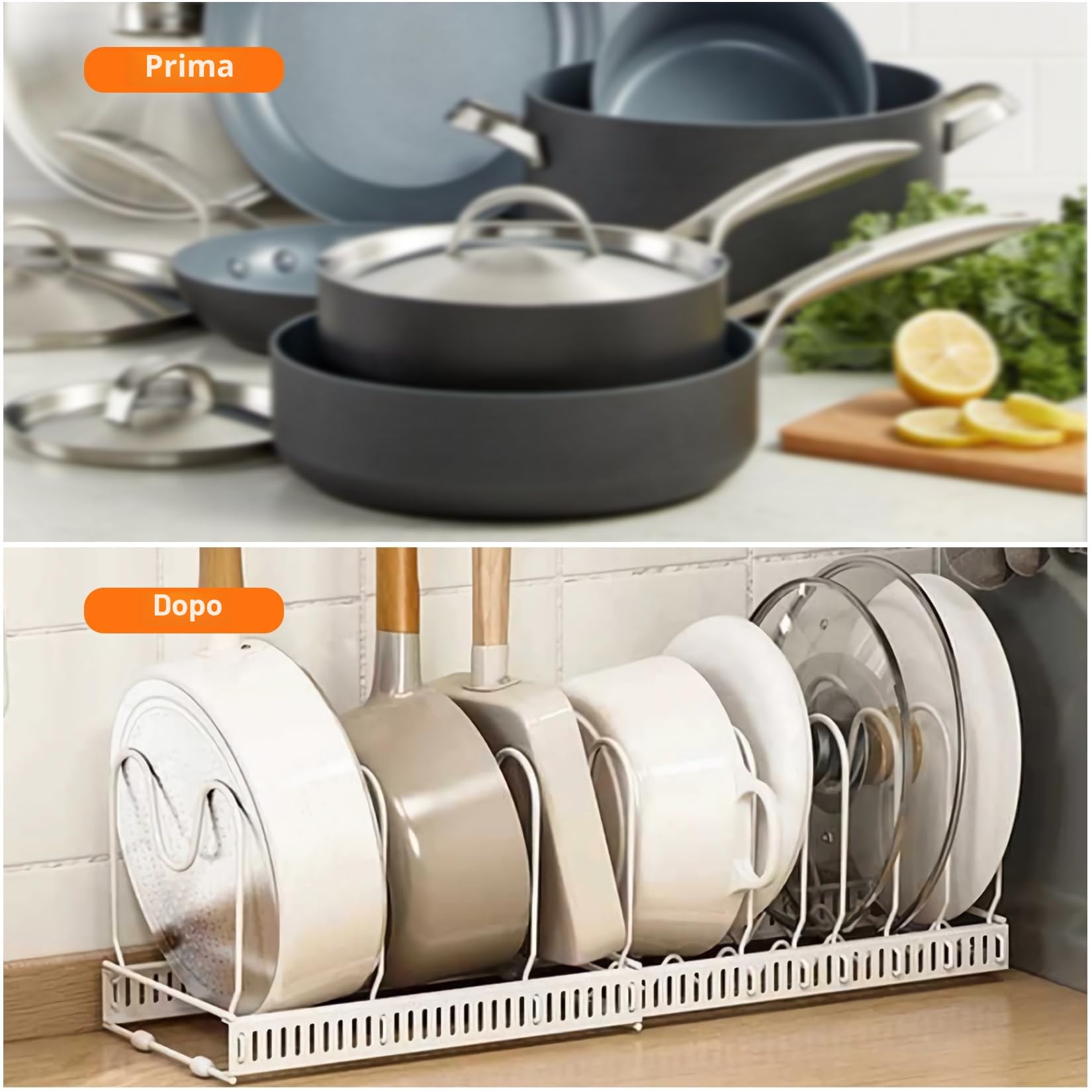 Porta Coperchi Pentole Salvaspazio, Organizer Pentole e Padelle con 10 Scomparti Regolabili, Organizer Cucina, Porta Pentole Salvaspazio da Cassettone, Bianco