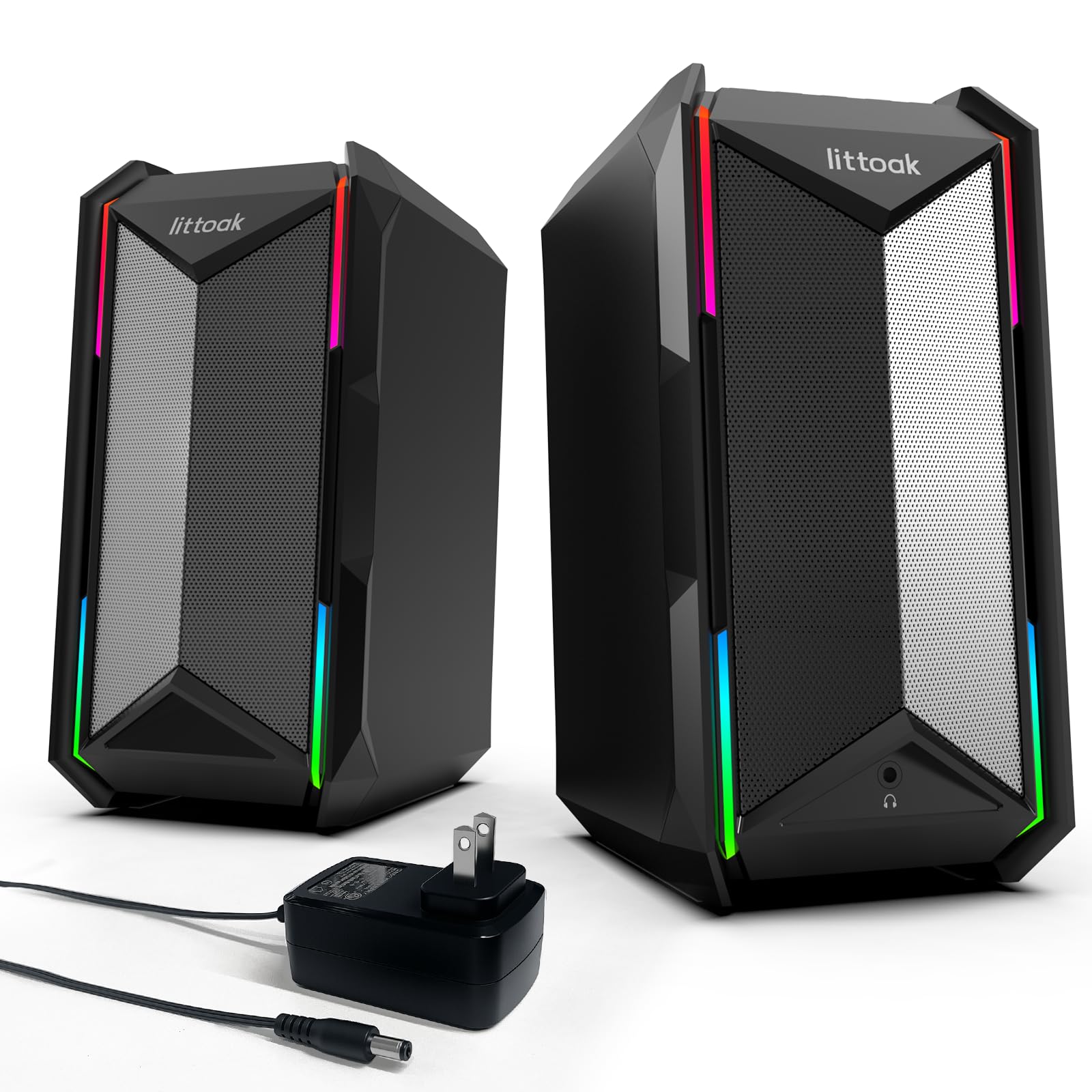 LITTOAK Altoparlanti per computer per musica e giochi, altoparlanti alimentati con adattatore CC per PC desktop o laptop, altoparlante desktop Bluetooth 5.3, 10 modalità RGB, ingresso AUX da 3,5 mm