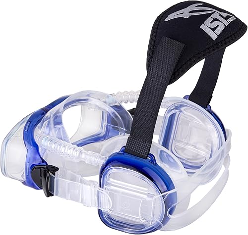 Miniatura 3 de IST ProEar - Máscara de buceo con cubiertas para los oídos, equipo de igualación de presión de buceo, lente gemela de vidrio templado (azul)