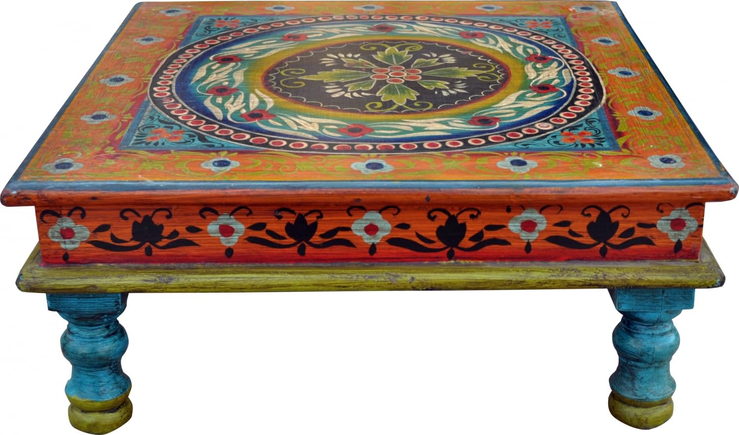 GURU SHOP Kreativer bemalter Kleiner Tisch, Minitisch, Blumenbank, Holz, Ornament blau/gelb