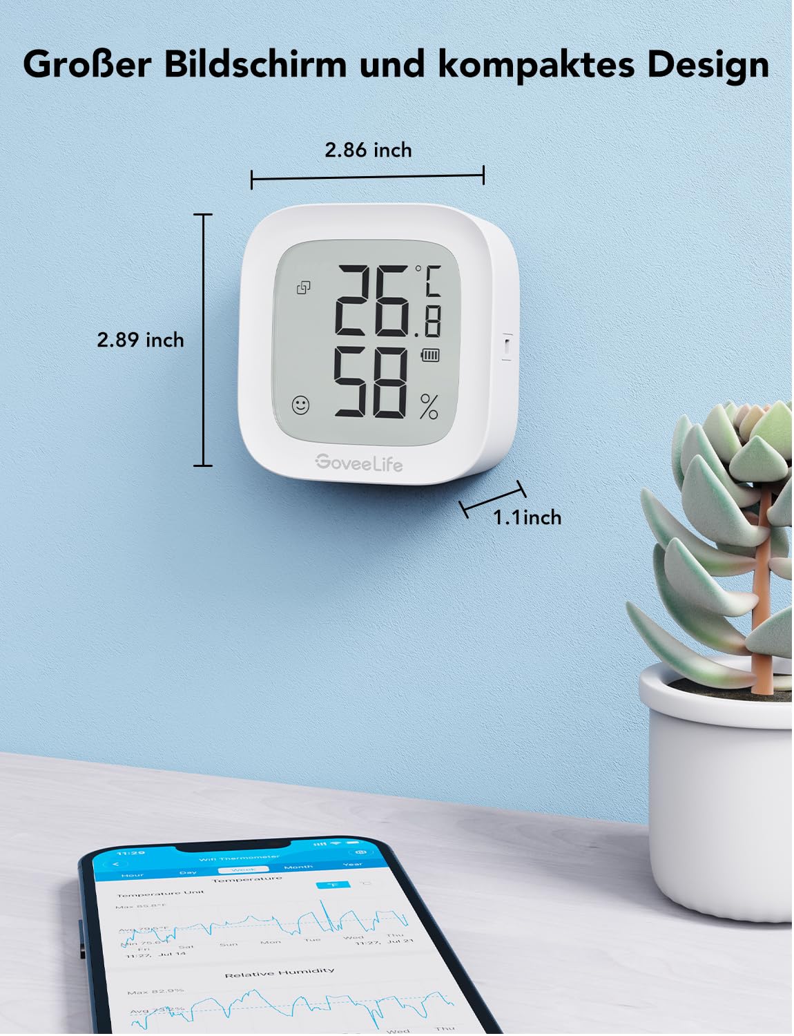 GoveeLife WLAN Hygrometer Thermometer, Digital Temperatur und Luftfeuchtigkeitsmesser Innen mit App Benachrichtigungs Alarm & Datenspeicherung, Fernkontrolle Geeignet für Schlafzimmer, Weinkeller