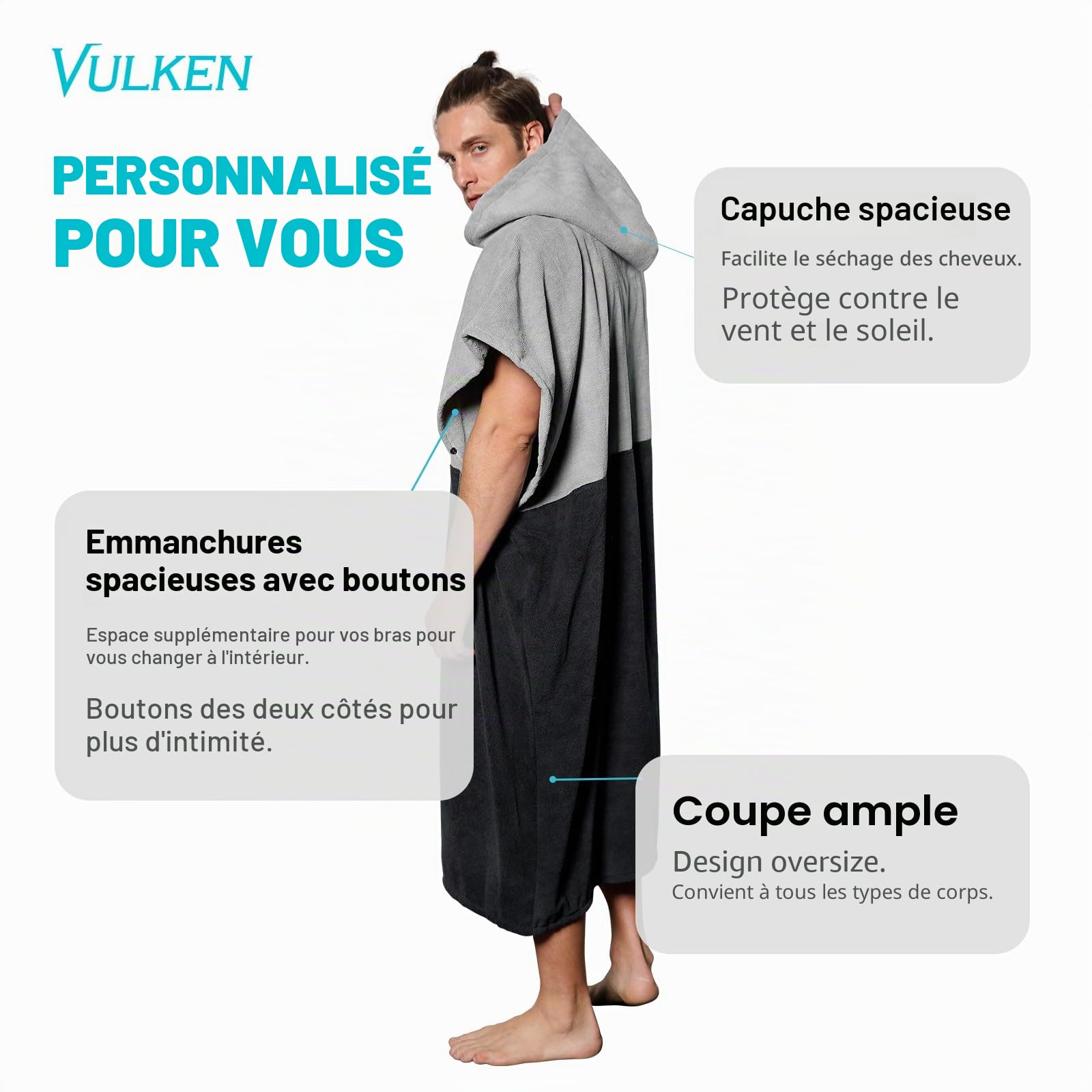 Vulken Peignoir de bain/poncho à capuche Extra Large Pour femme et homme En Microfibre Pour Plage Piscine Lac Parc aquatique, Gris noir - L/XL., L-XL