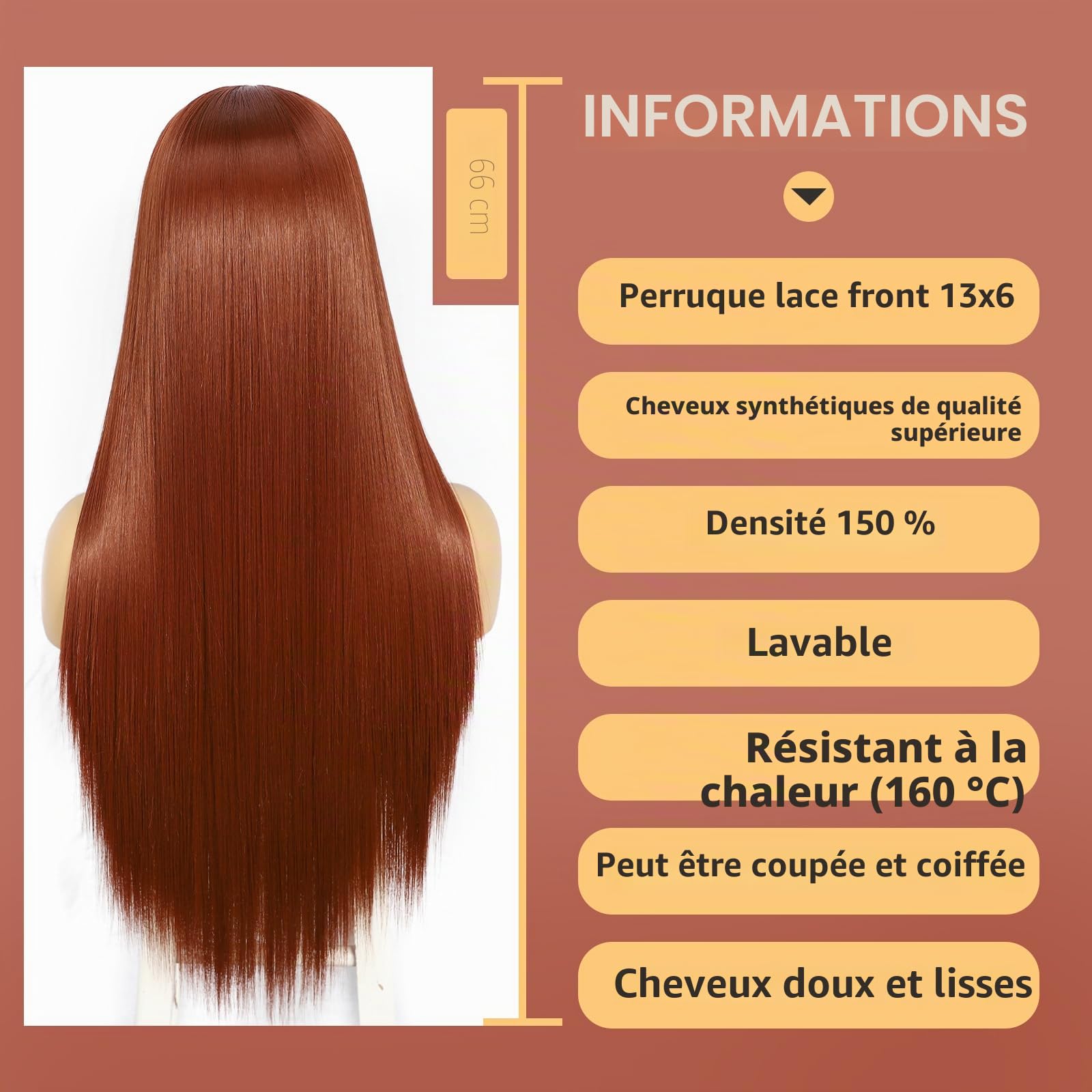 Sapphirewigs Perruque longue et droite 13x6 en dentelle Perruque cuivre rouge pour femmes Cheveux synthétiques droits à 150% de densité Pour fêtes et usage quotidien Noël 66 cm