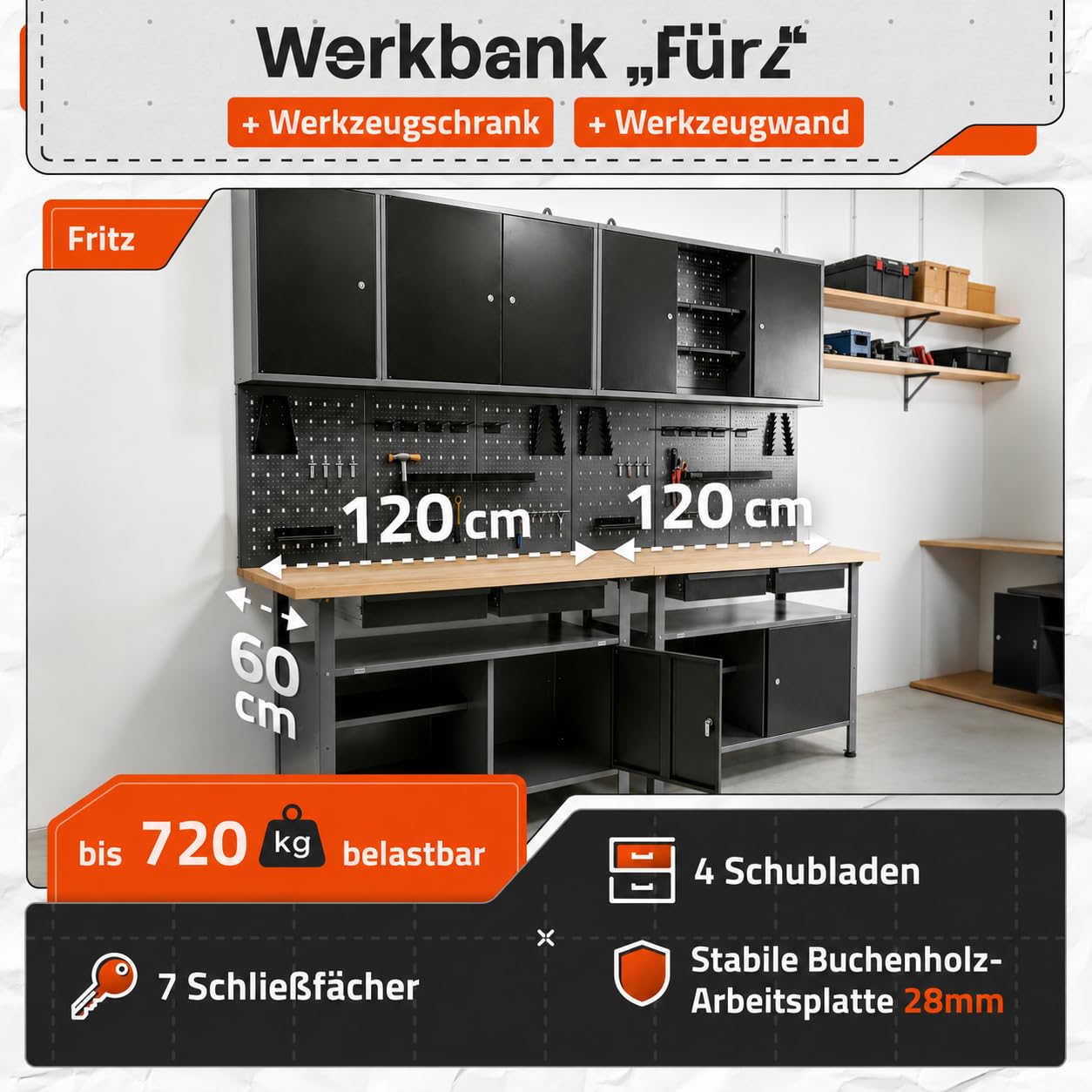 Ondis24 Werkstatteinrichtung Werkstatt Set Werkbank Fritz Hängeschrank Werkzeugwand Metall Schwarz Grau (Hängeschrank Ben & Tim, 240 cm), Buchenholzarbeitsplatte