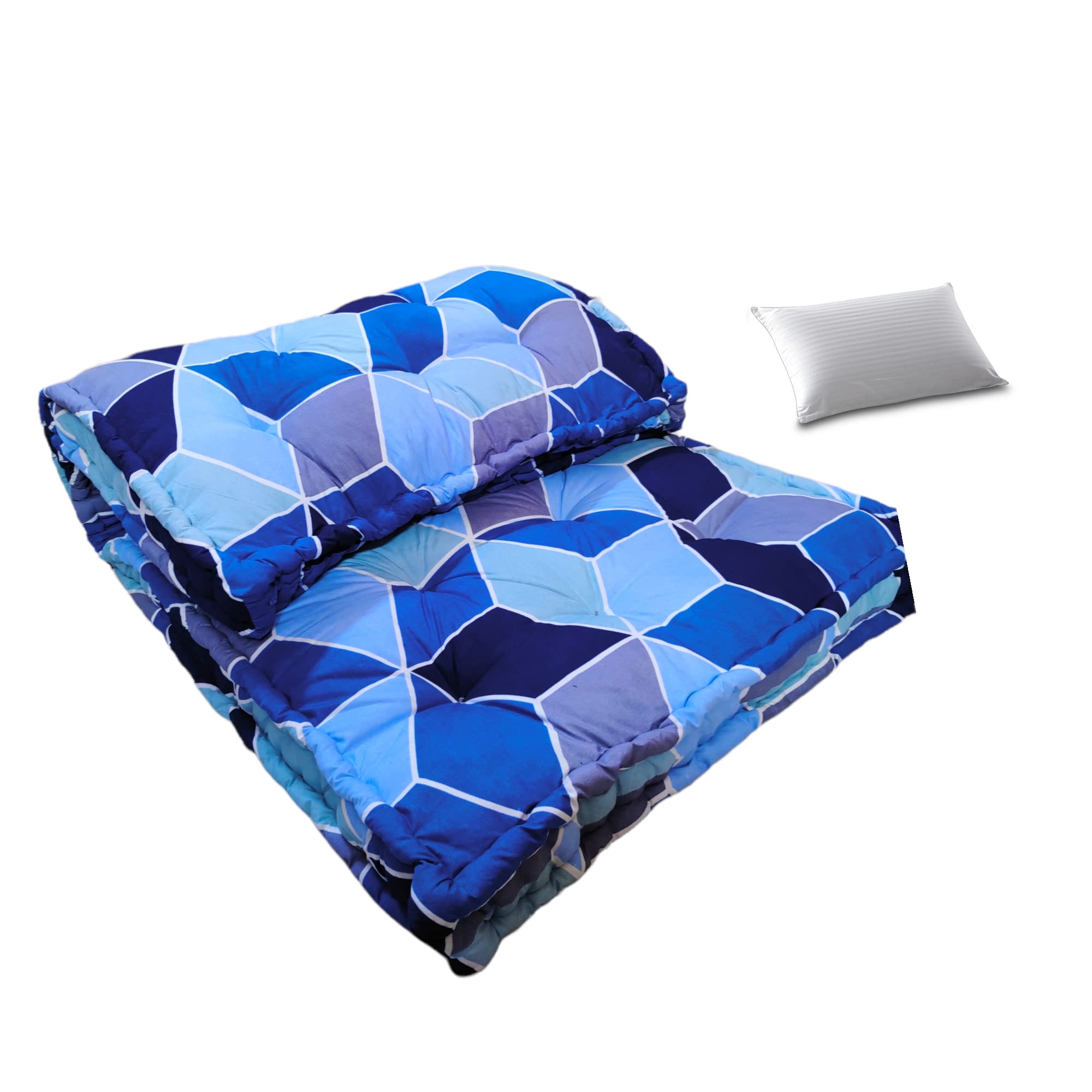 Deevine Craft Soft Thick 5-Inch Cotton Box Mattress | Gadda Medium Firm Soft Cotton Mattress | Box Rectangle Type Single Bed Mattress (3X6 ft or 72X36X5 Inches) Shades of Blue Mattress with Pillow