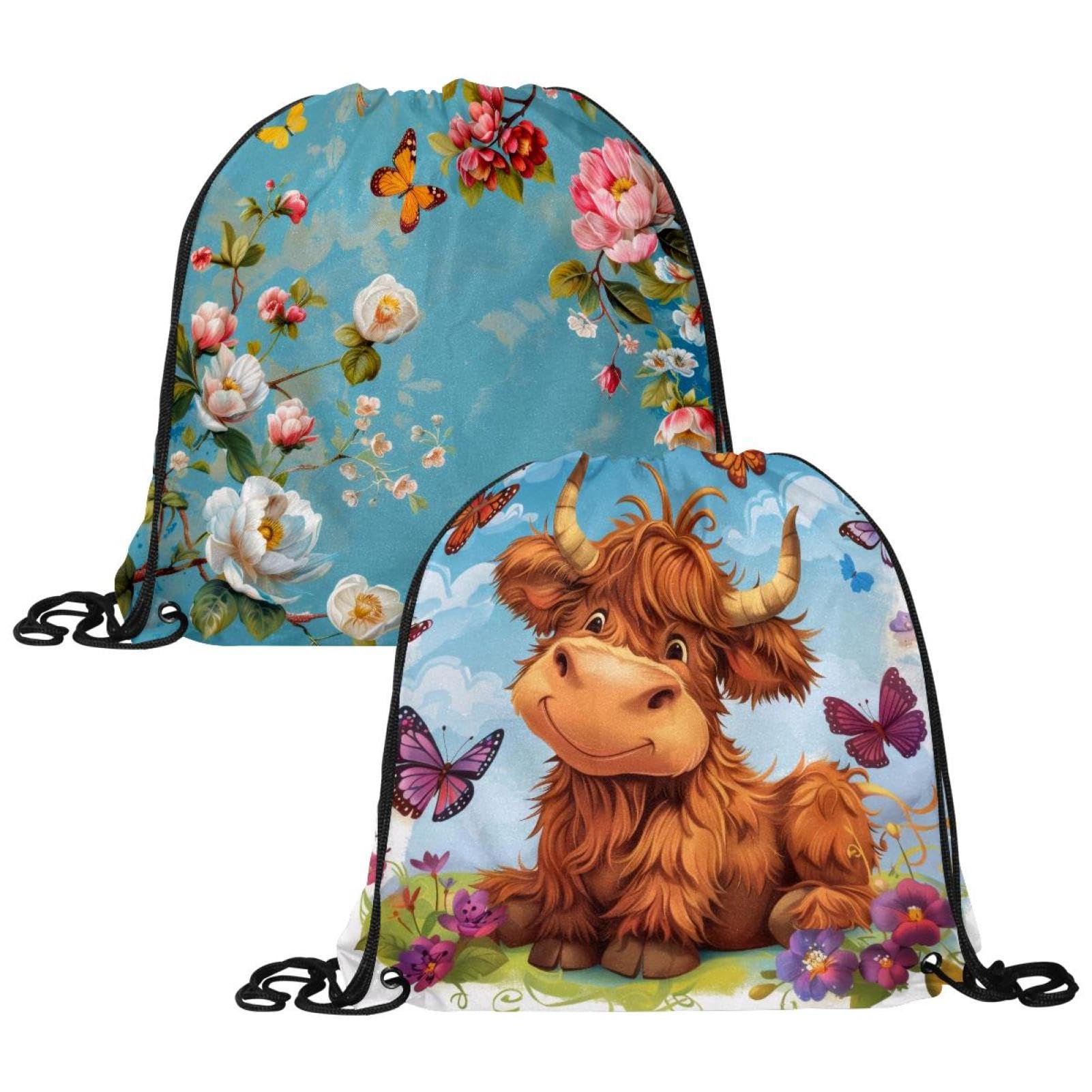 Luoweisi 2 Pcs Drawstring Bags, Butterflies Cow Swim PE Bags Drawstring Gym Bag for Kids Adults String Swimming Sports Backpack for School Sports Swimming Gym Travel