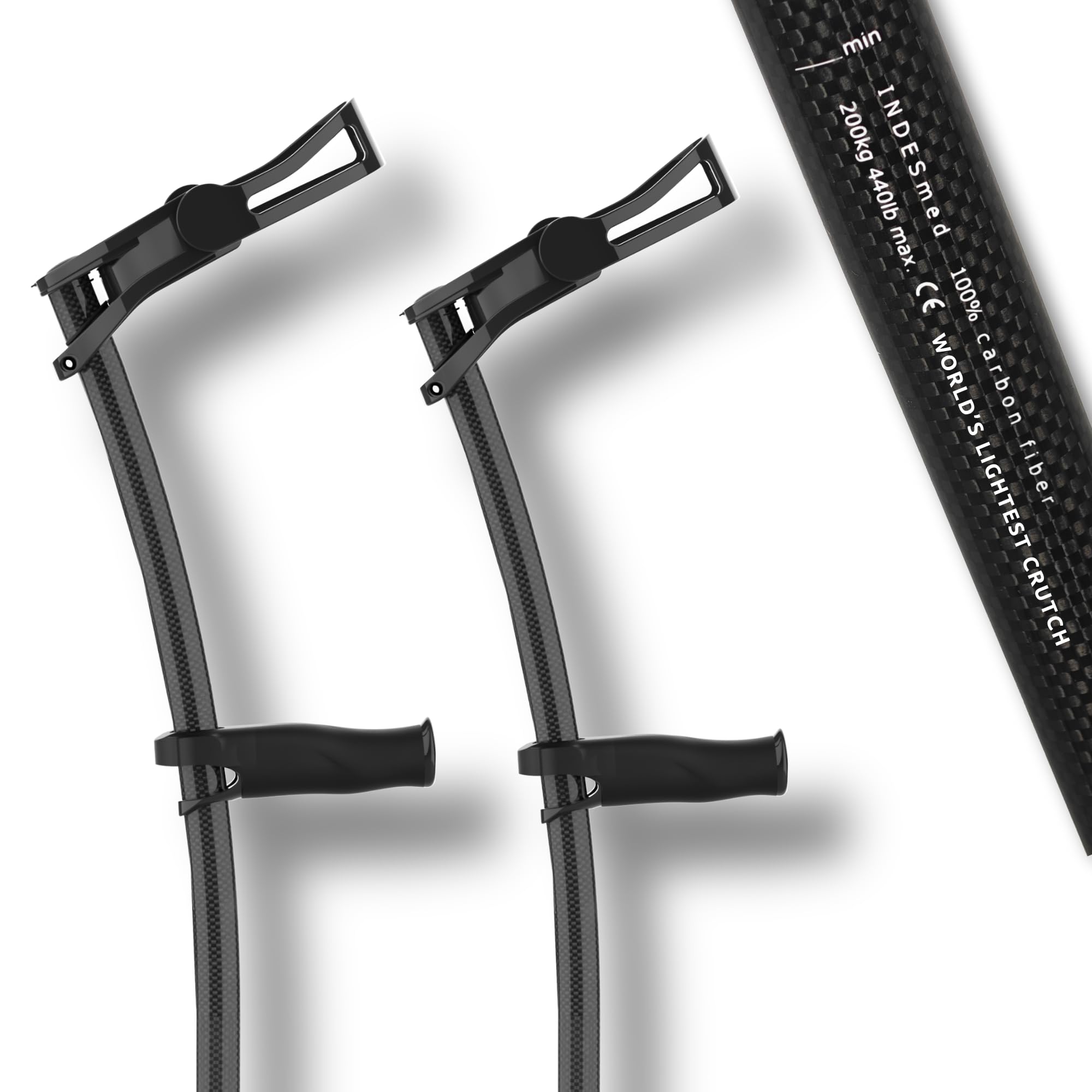 INDESmed 100% Carbon Fiber Forearm Crutches, The World's Lightest Crutch (1 Pair/2 Units) Precisely Adjustable Handle, Ergonomic Design Prevents Tendonitis and Hand Pain, Black, L (5.75-6.1ft)