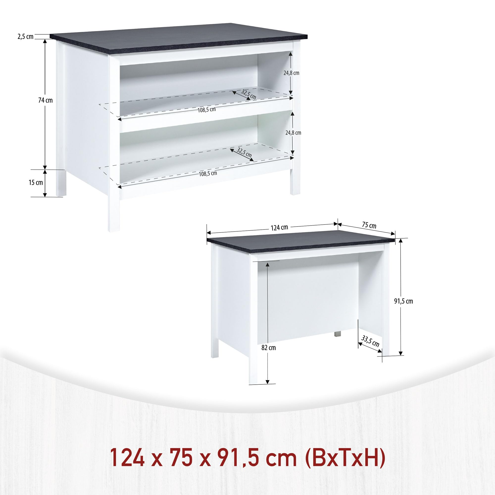 Inter Link - Kücheninsel - Mittelinsel - Arbeitsplatte - Küchenschrank mit Regalen - Melaminbeschichtet - Länge 124cm - Höhe 82 cm - Tiefe 75 cm - Belisa - Weiß/Fresco Anthrazit