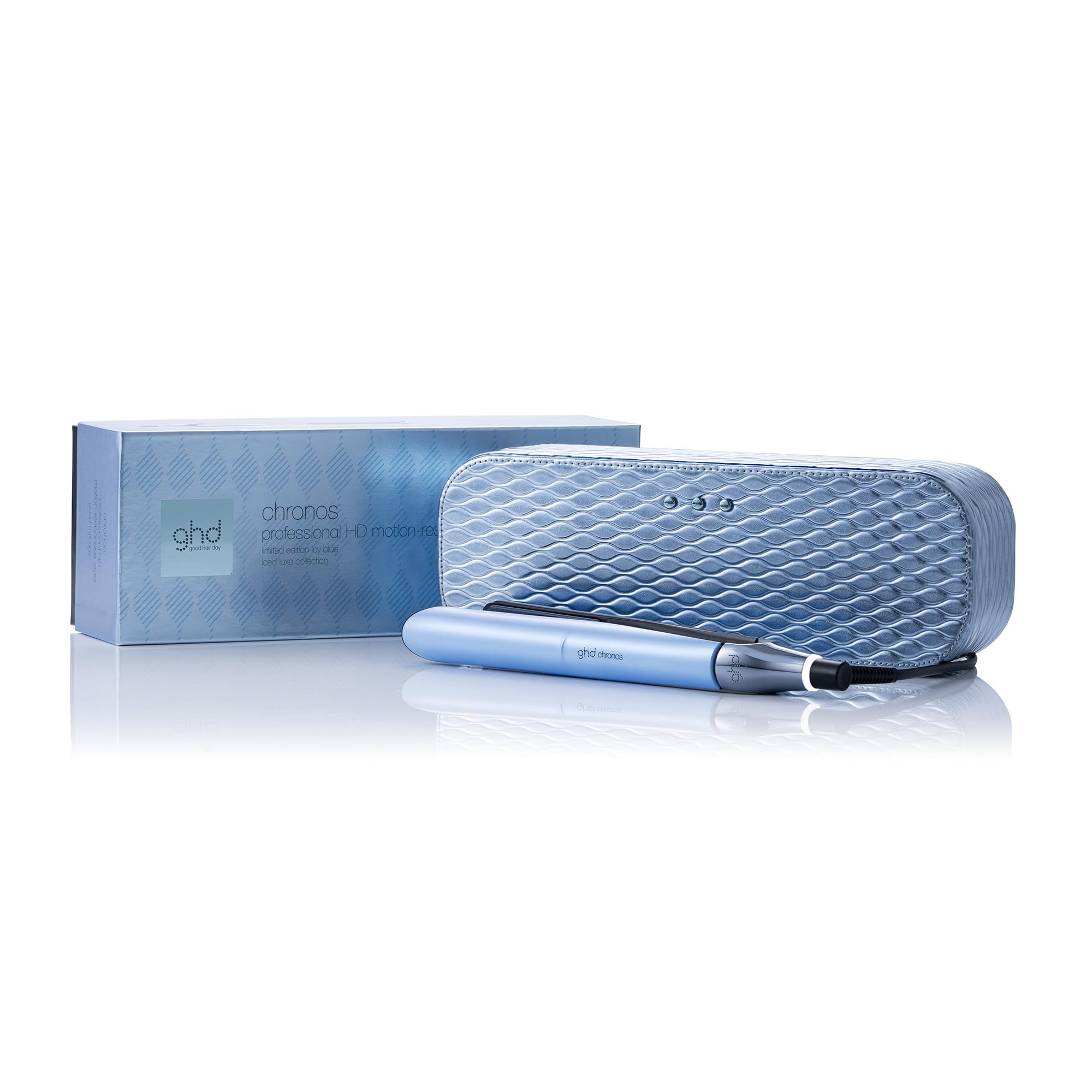 ghd chronos Iced Luxe Collection - Plancha de pelo profesional con cofre de regalo, lisos y ondas de alta definición, 3 veces más rápida, tecnología HD motion-responsive, edición 2024, azul gélido