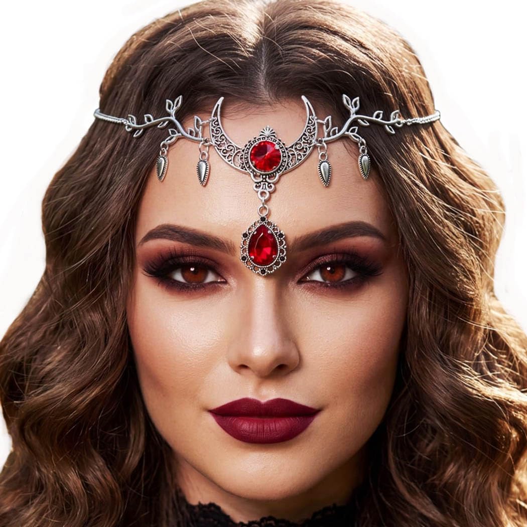 IYOU Mond Haarkette Silber Strass Kopfschmuck für Damen | Rot Kristall Haarband Blatt Kostümzubehör Halloween Karneval Haarketten Accessoires für Erwachsene