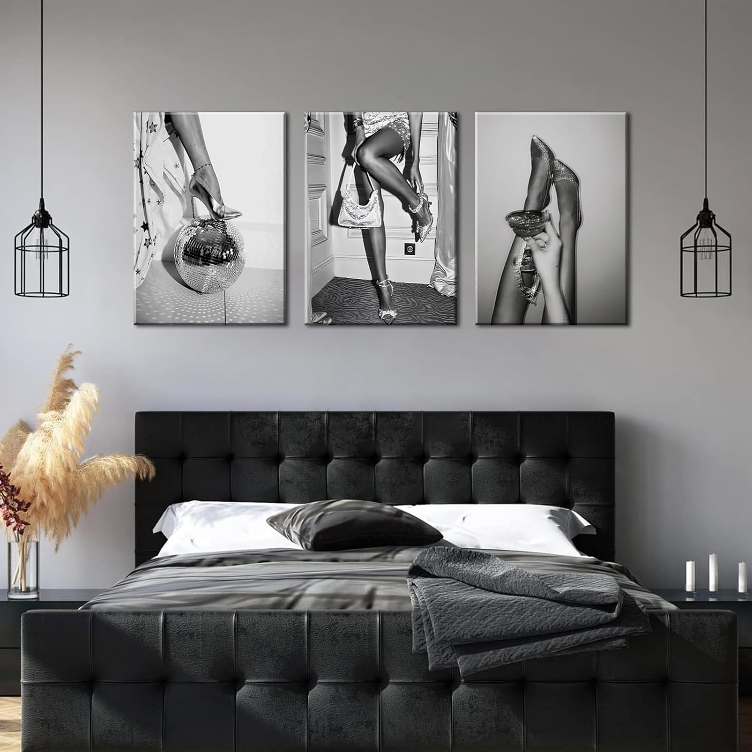 Trendy Women Canvas Wall Art Set of 3 Black and White Fashion Feminist Wall Decor Pictures High Heels on Disco Ball Bar Cart Woman Drinking Wine Posters Prints for Dorm Bedroom Decoration 12x16in