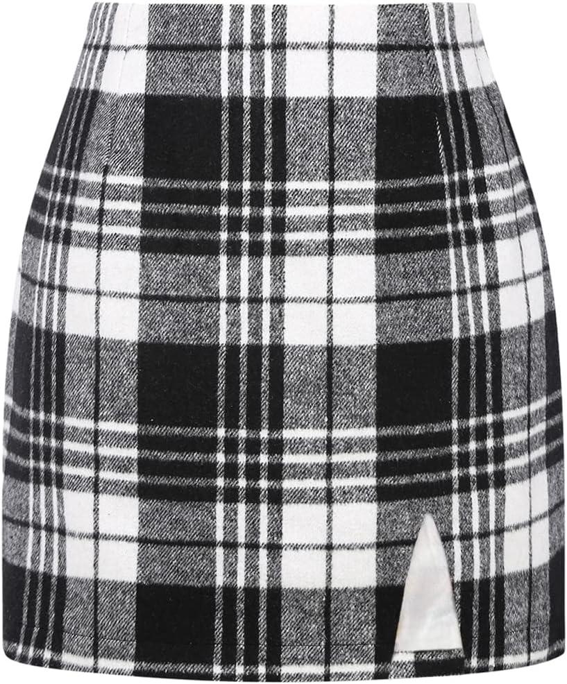Plaid Mini Skirts for Womens High Waisted Fall Winter Wool Bodycon Pencil Skirts with Slit