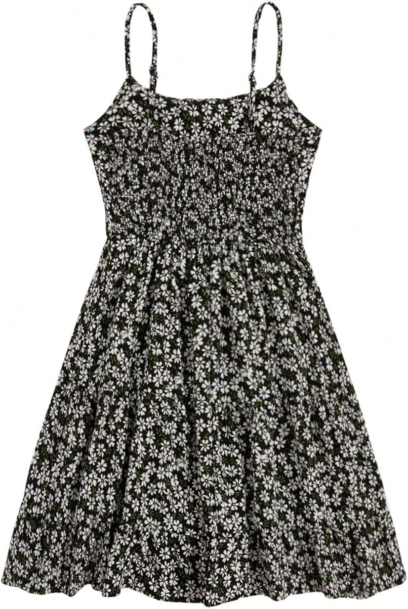 Girl's Summer Dress Floral Ruffle Hem Spaghetti Strap Ruched Bust Cami Short Dress Sundress - Image 2