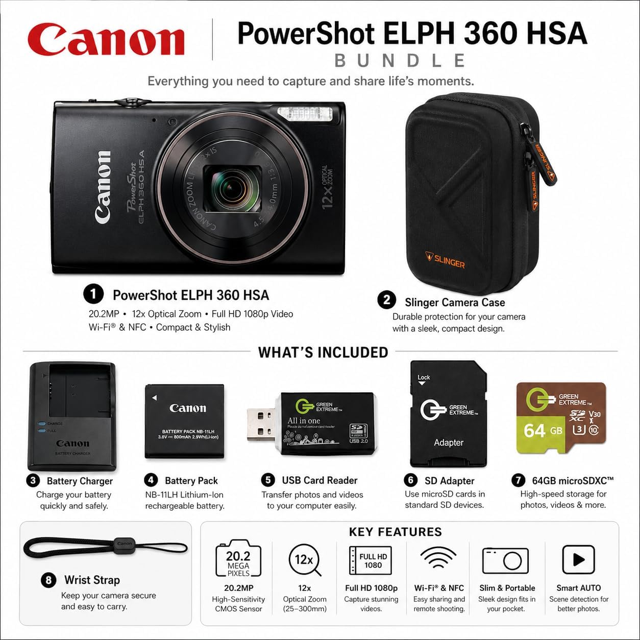 Canon PowerShot ELPH 360 HS Digital Camera Bundle with 64GB microSD Card, SD Adapter, USB Card Reader, Slinger Hardshell Camera Case, Battery & Charger (Black) 4 71aBSap3ryL. AC SL1254