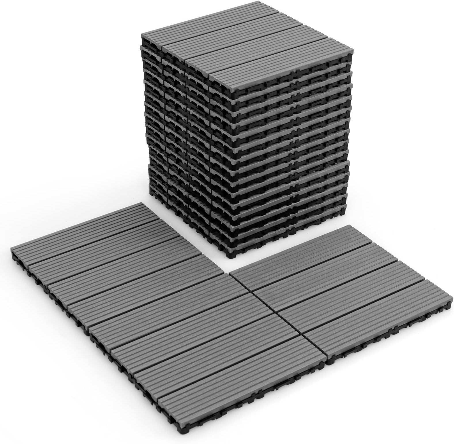 Interlocking Deck Tiles 18 Pack - 12 x 12 in Composite Outdoor Flooring Covering All Weather Use, 18 sq.ft Patio Decking Boards for Balcony, Poolside, Backyard, Garden, Walkway (Gray)