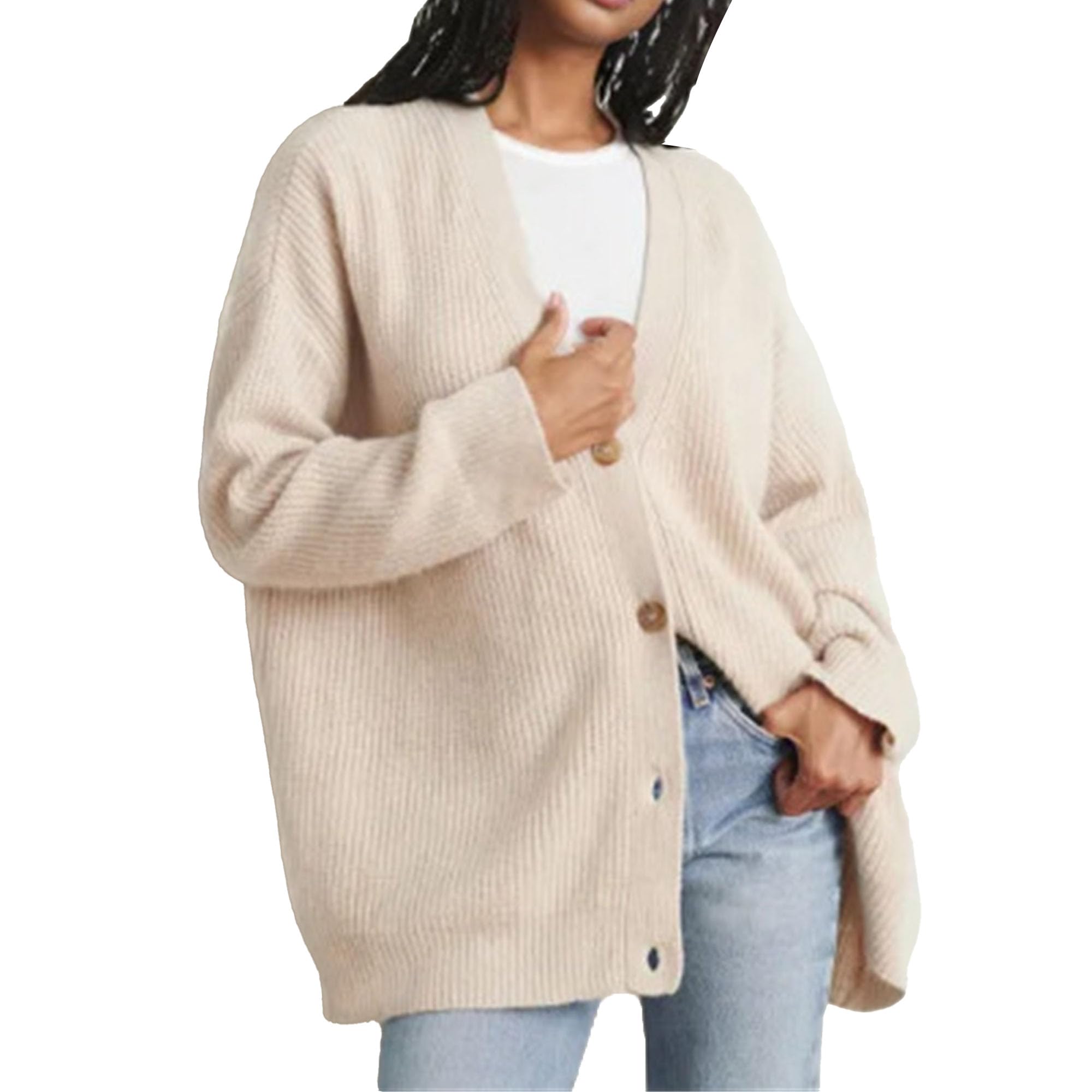 Women Oversized Cardigan Sweater Fashion V Neck Cable Knit Button Front Coats Casual Loose Trendy Tops Outwear (XX-Large,Apricot)
