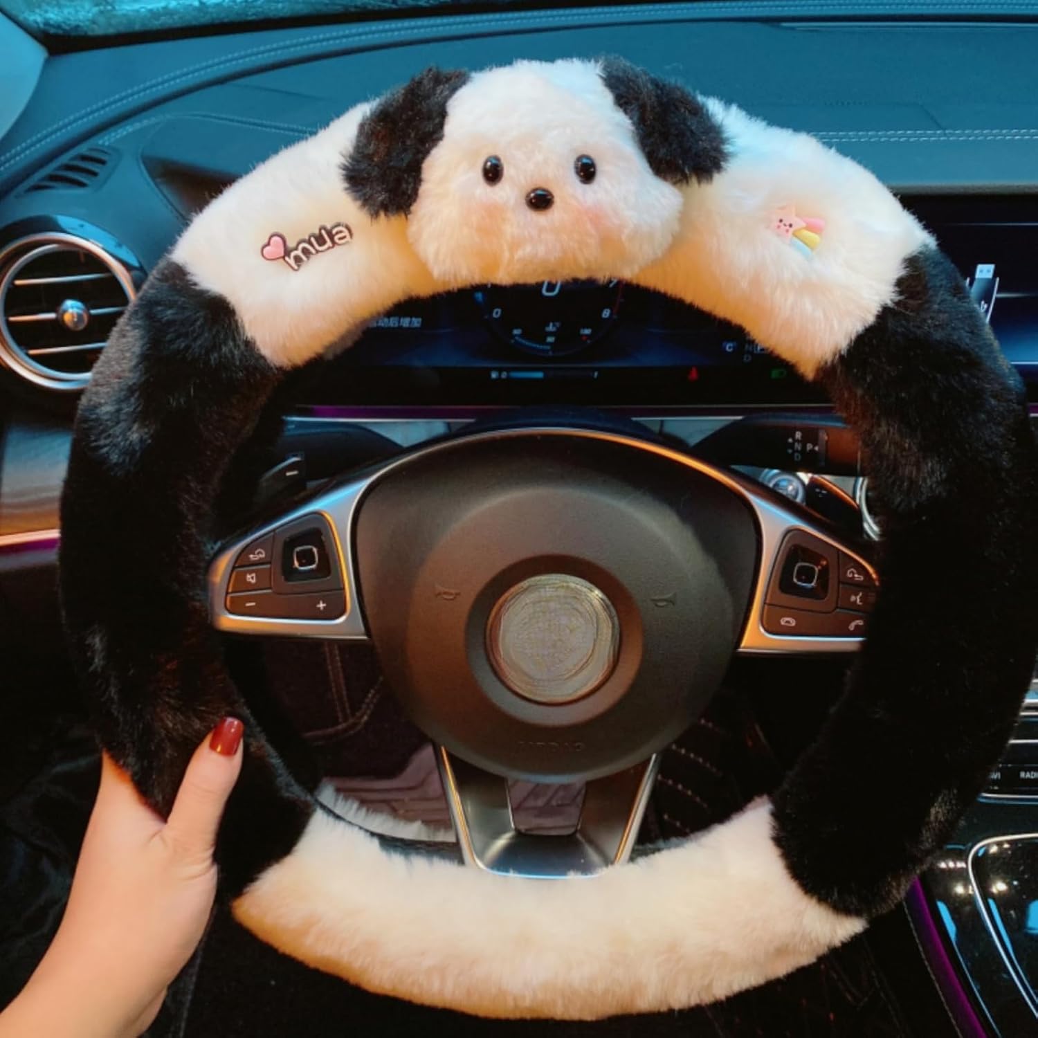 Car Steering Universal 15 inch Wheel Pacha Dog Cover with Fluffy Gear Shift Cover Soft Warm Non-Slip Car Decoration for Women Girls (A)