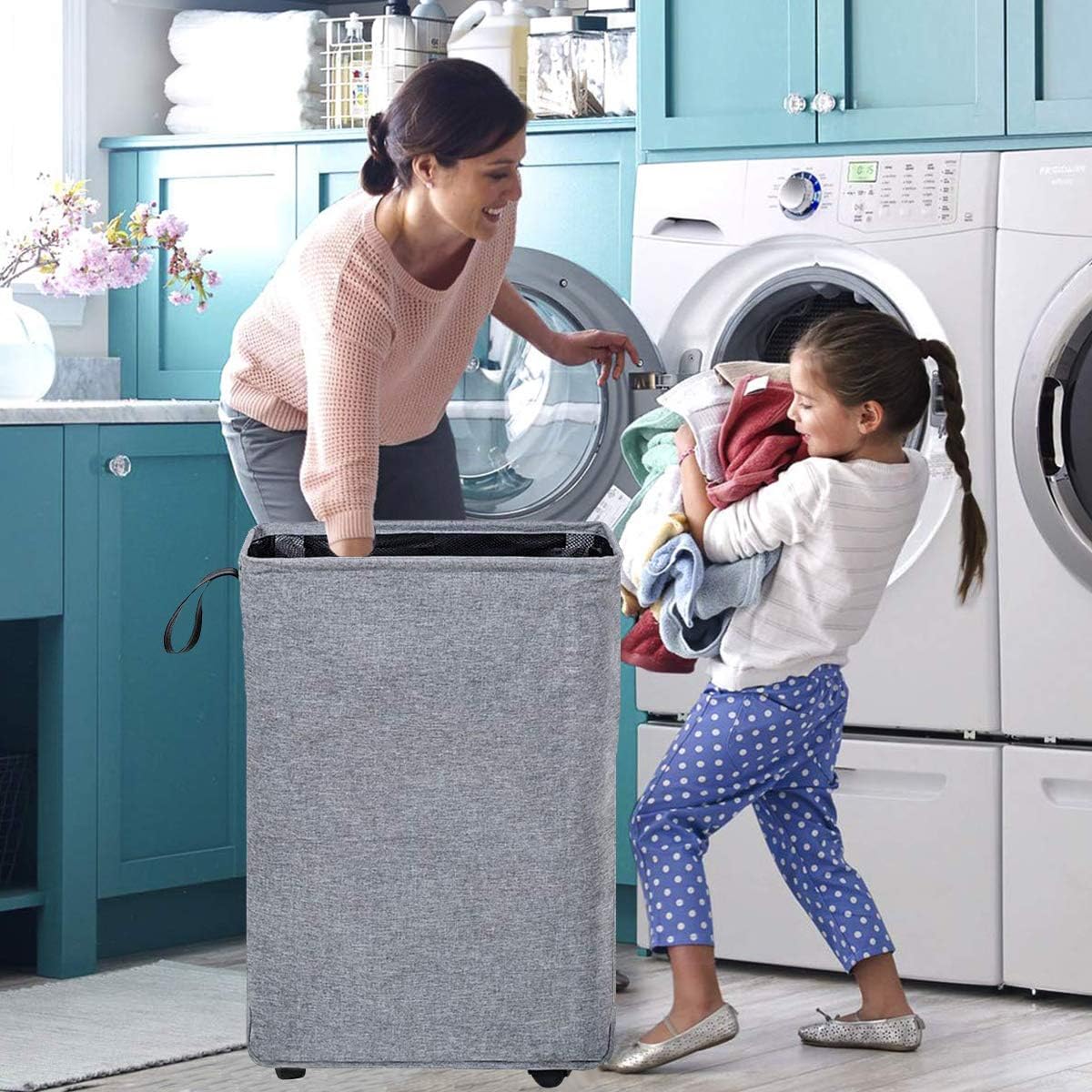 Henkelion Rolling Laundry Hamper, Collapsible Laundry Basket with Wheels and Handles, Tall Large Slim Narrow Foldable Storage Corner Bin with Visible Clear Window for Dirty Clothes - 27 Inches - Grey