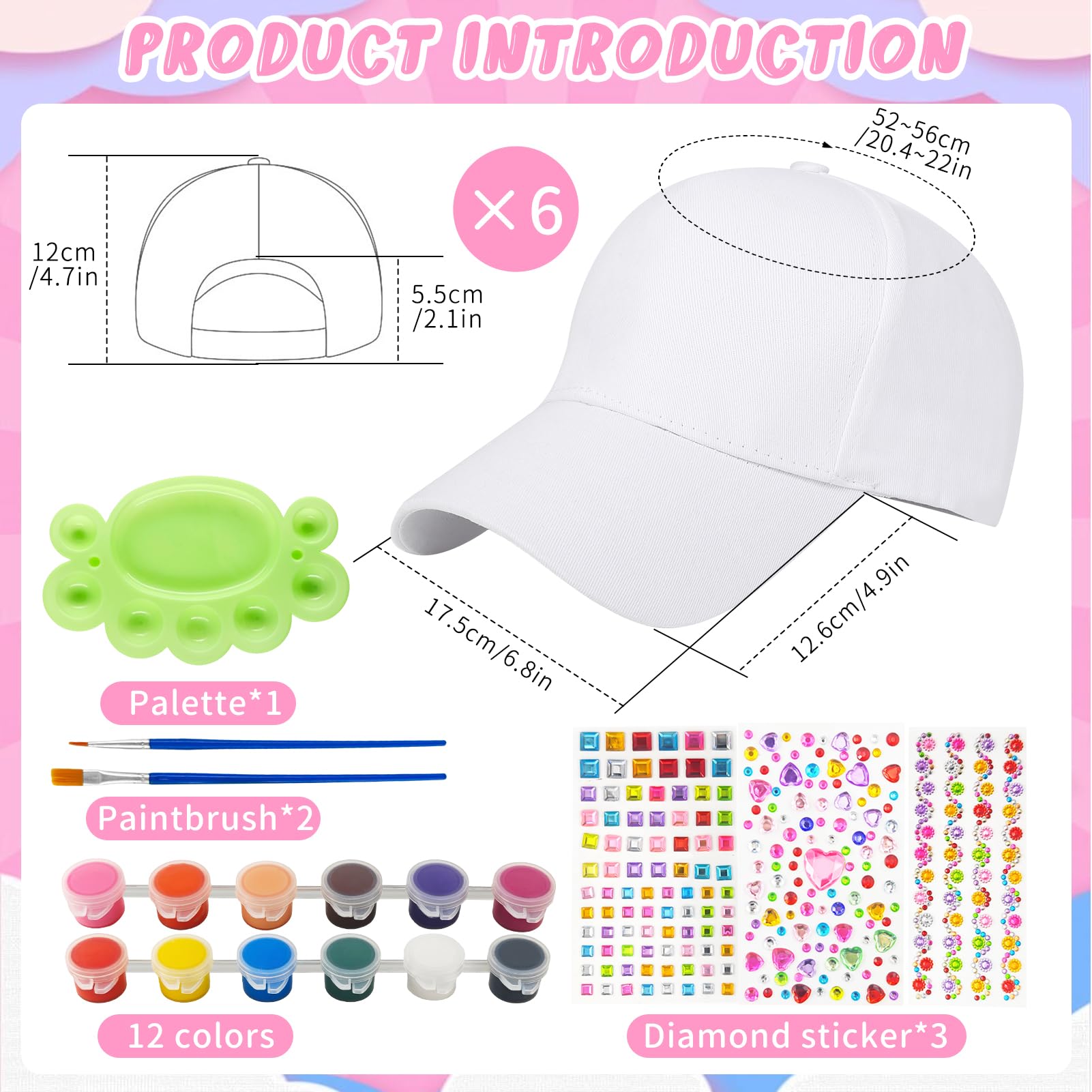 Hpbaggy 6 Piezas DIY Gorras de Béisbol,Niño Gorras de Béisbol en Blanco,Gorra de Béisbols de Dibujo Creativo para Niños,Gorra Blancas Niños para Pintar,Regalos de Cumpleaños para Niño
