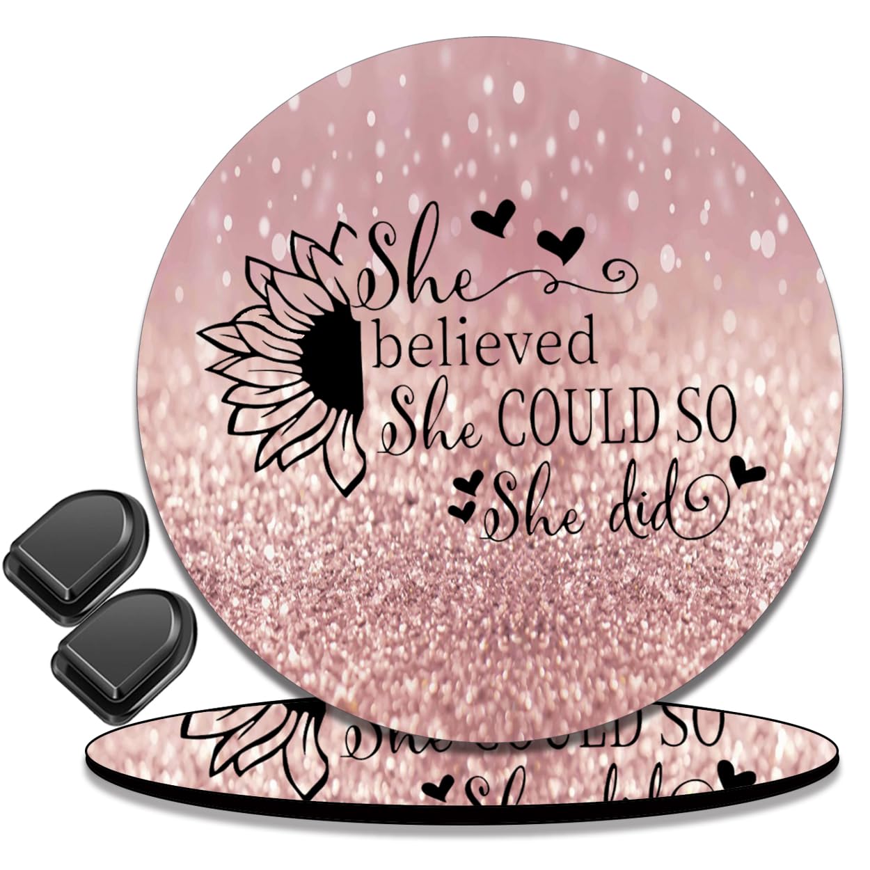 Car Interior 4 Piece Set Combo, 2 Car Coasters, 2 Cute Hooks with Rubber Anti-Slip Perfect Absorbent Coasters. Fits Most Car Interior Coasters (She Believed She Could So She Did Inspirational Quote)
