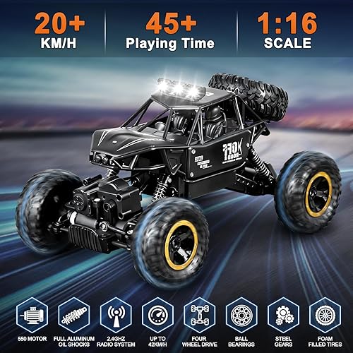 Miniatura 7 de Auto de control remoto, camión RC 116 con faros LED, camiones todoterreno de 2.4 GHz, control remoto, sin demora, alta velocidad, control de