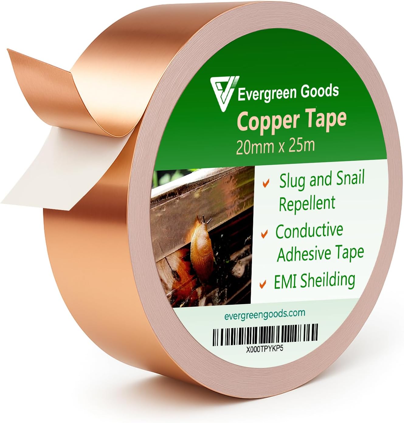 EVG 20mm x 25m Copper Slug Tape | Adhesive Copper Slug Snail Repellent | Slug Deterrent Barrier Tape | Humane Pest Control