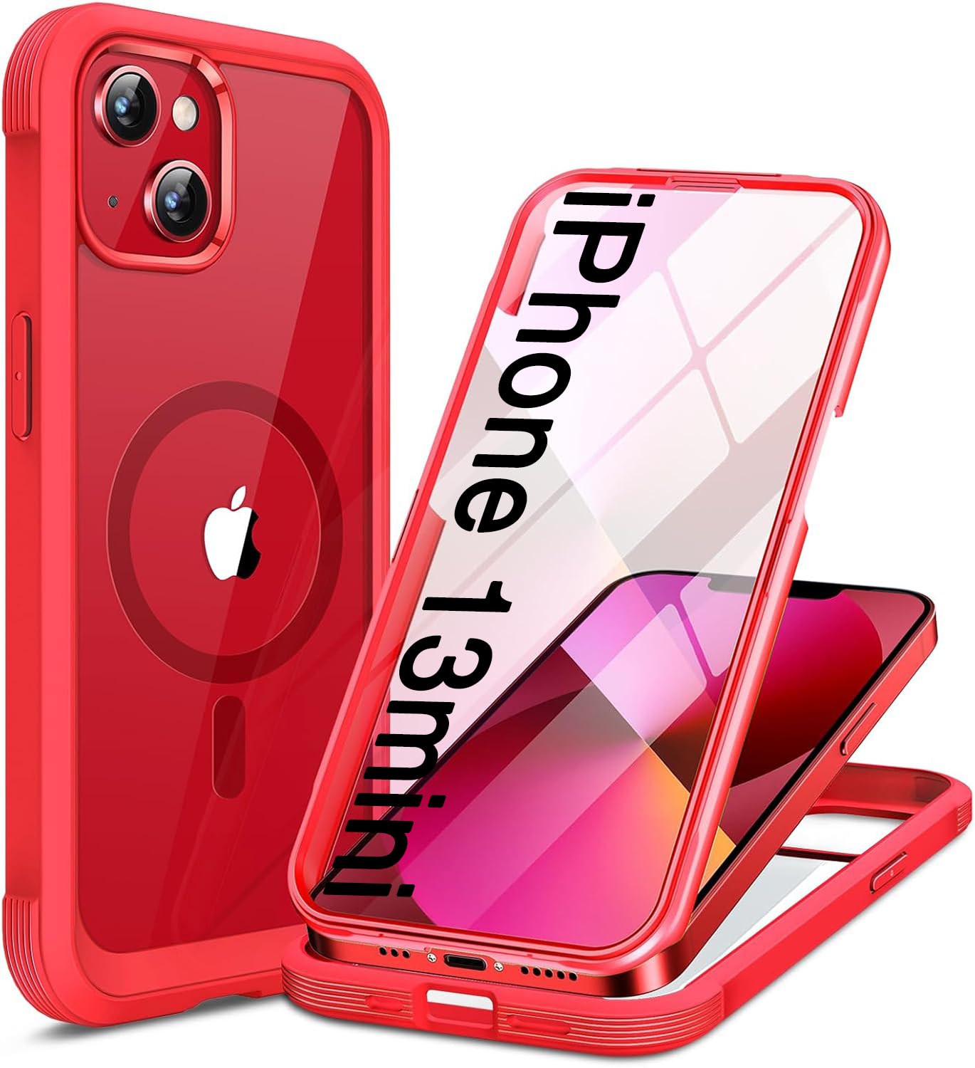 Miracase for iPhone 13 mini Case 5.4",Built-in Glass Screen Protector,Red