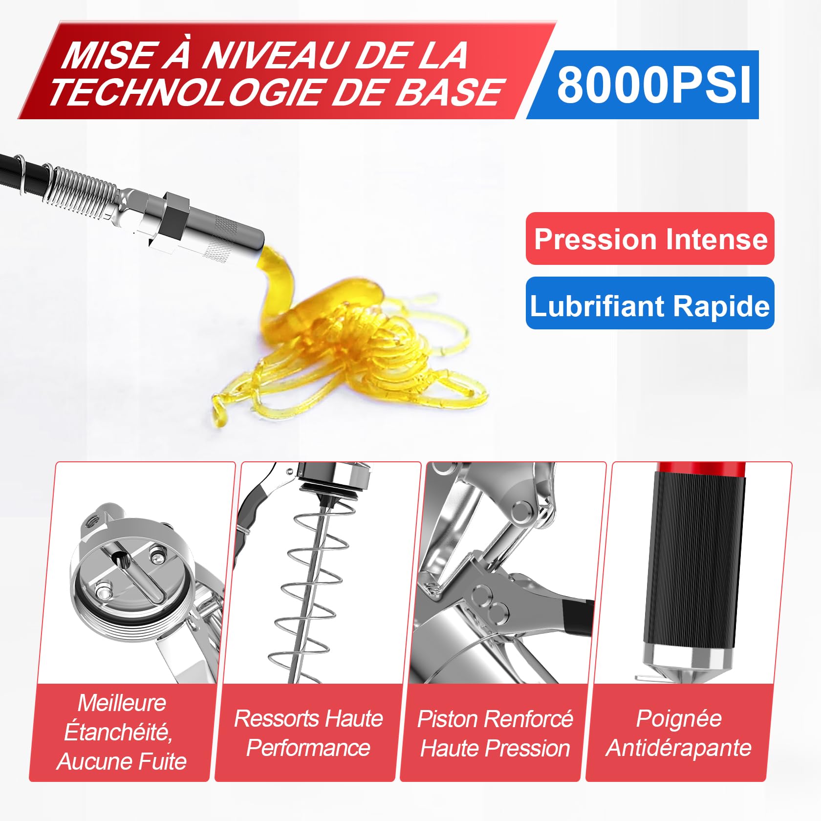 CarBole Pompe à Graisse 8000PSI avec un Coupleur et Quatre Types de Buse | Embout Pompe a Graisse,Avec Tuyau Flexible et Tuyau d'extension métallique,Compatible avec Cartouche 400cc