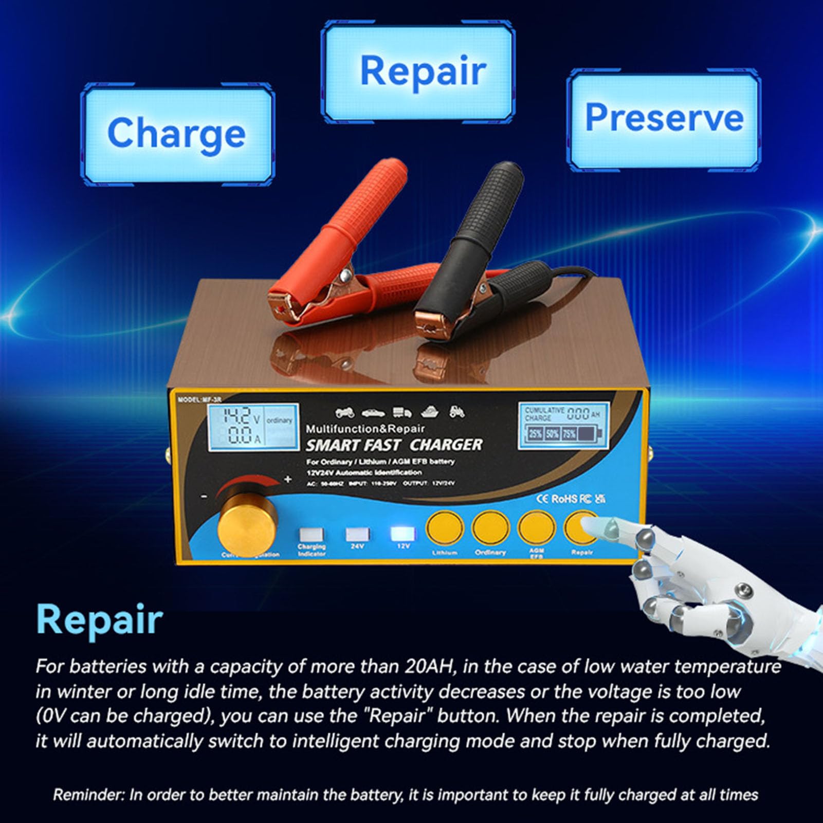 Cryfokt Manutentore della Batteria, Caricatore Batteria per Auto 400 w Multipli per la Barca per Falciatrice per Moto per Veicoli (Spina europea)