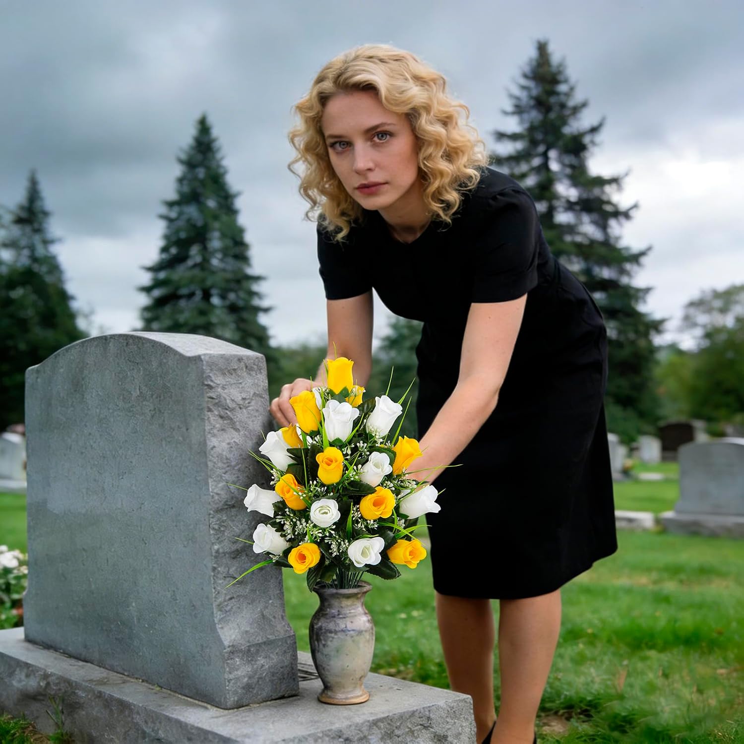 2 Sets Artificial Cemetery Flowers, Grave Decorations Roses, Memorial Flowers Bouquet with Vase for Cemetery Graveyard Headstone Decorations (Yellow-White)