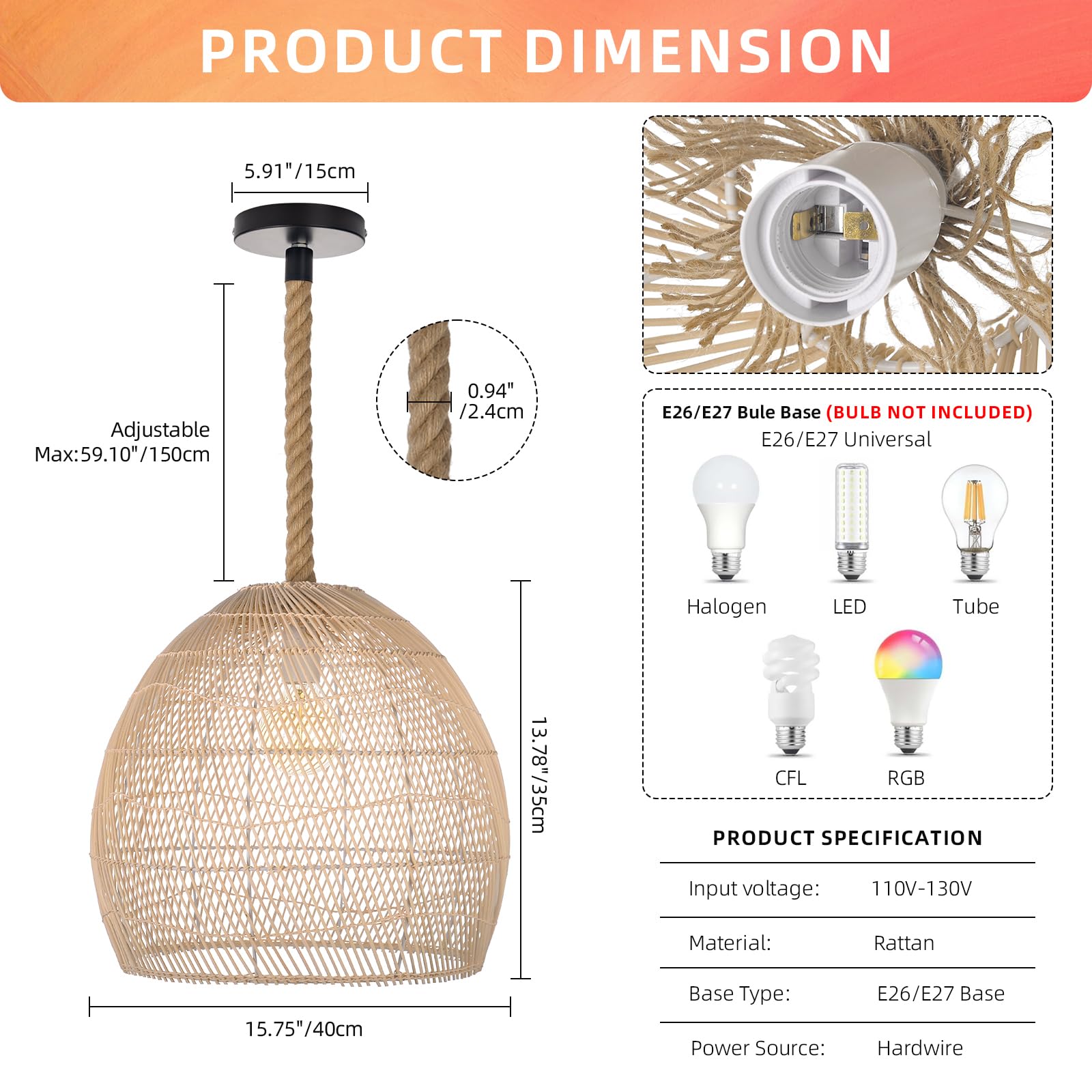 Lámpara colgante de ratán natural para isla de cocina, lámpara tejida con sombra, luz de techo colgante, lámpara de cuerda hecha a mano de 15.7 pulgadas x 13.7 pulgadas 4