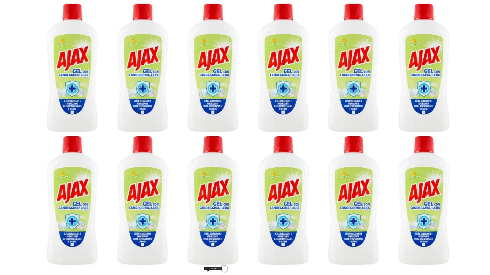 Ajax - 12 gel sbiancante al limone, 950 ml, potente detergente con candeggina per bagno, WC e cucina, fresco profumo di limone, + portachiavi Italy Shop Service gratuito