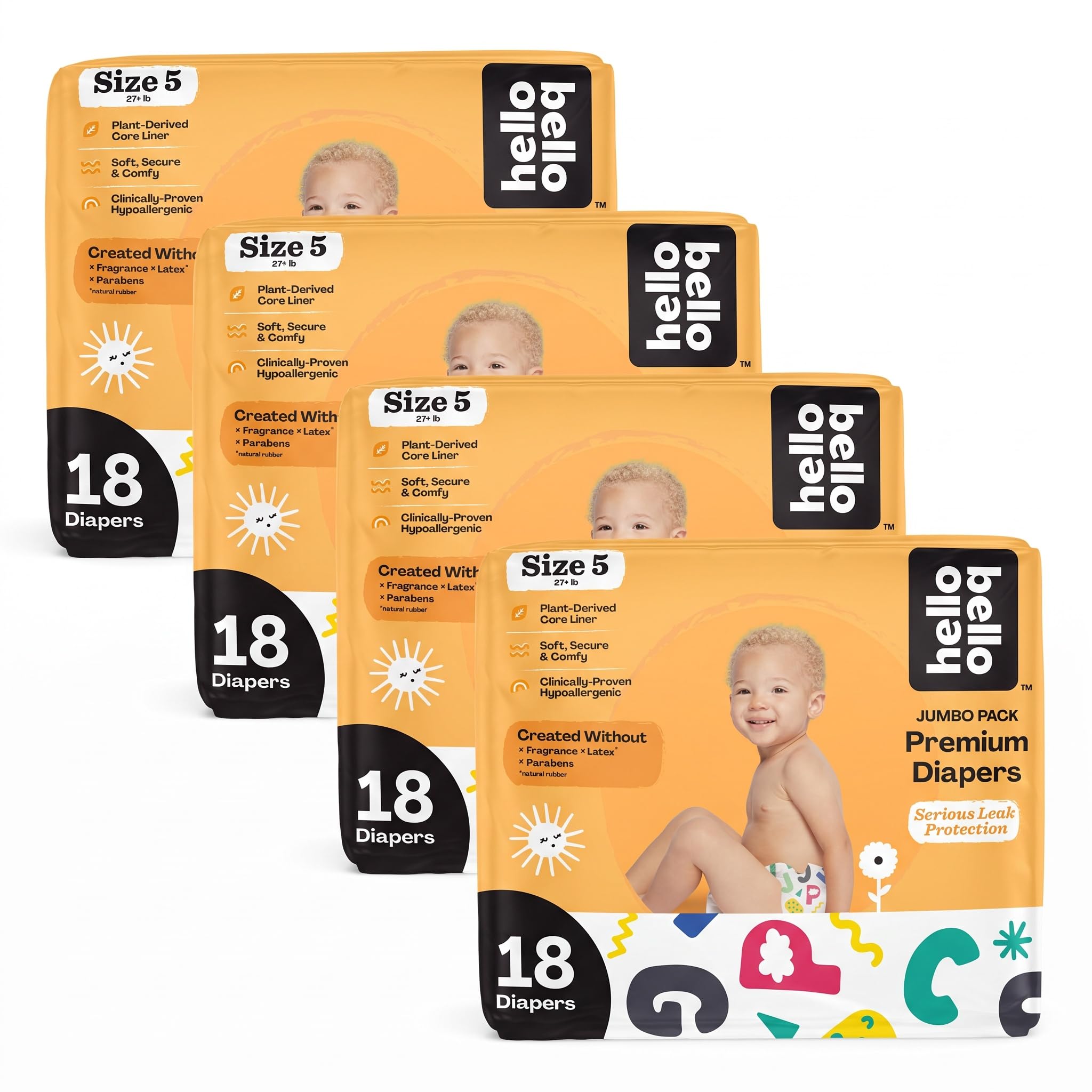 Hello Bello Premium Baby Diapers Size 5 I 18 Count of Disposable, Extra-Absorbent, Hypoallergenic Baby Diapers with Snug and Comfort Fit I Alphabet Soup (Pack of 4)