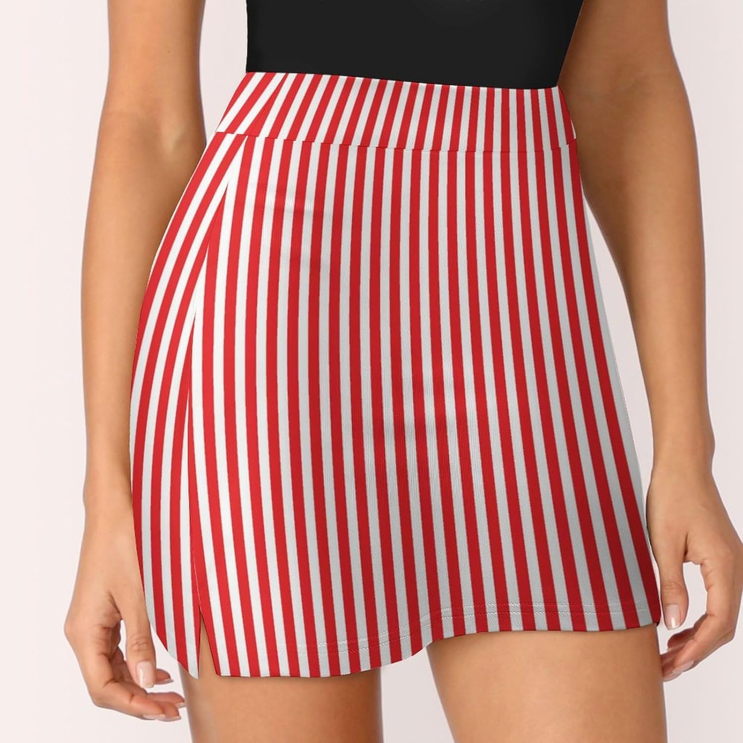 Red and White Stripes Print Skorts for Woman, Athletic Mini Tennis Skirt Golf Skirt for Women with Pocket - Image 4