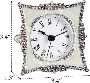 NIKKY HOME Pewter Elegant and Cute Quartz Analog Table Clock with Crystal Rosy Rhinestone 8.8 CM White and Pink